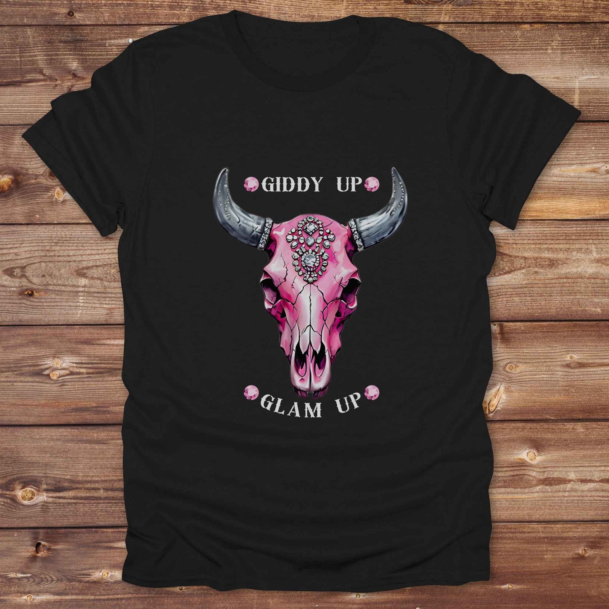 Fun western t-shirt for horse lovers and cowgirls. Western cowgirl graphic tee with horse design. Cowboy humor t-shirt for rodeo and country lovers. Horse lover funny t-shirt with western theme. Country style horse graphic tee for cowboys and cowgirls. Retro style funny western shirt for equestrians. Cute and funny country shirt with horse print. Southern cowgirl funny quote shirt for horse lovers. List of Things I Want. Giddy up Glam Up Longhorn Skull with pink rhinestones.