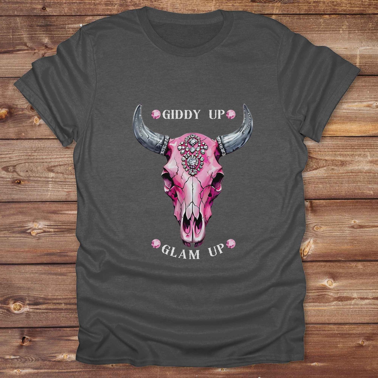 Fun western t-shirt for horse lovers and cowgirls. Western cowgirl graphic tee with horse design. Cowboy humor t-shirt for rodeo and country lovers. Horse lover funny t-shirt with western theme. Country style horse graphic tee for cowboys and cowgirls. Retro style funny western shirt for equestrians. Cute and funny country shirt with horse print. Southern cowgirl funny quote shirt for horse lovers. List of Things I Want. Giddy up Glam Up Longhorn Skull with pink rhinestones.