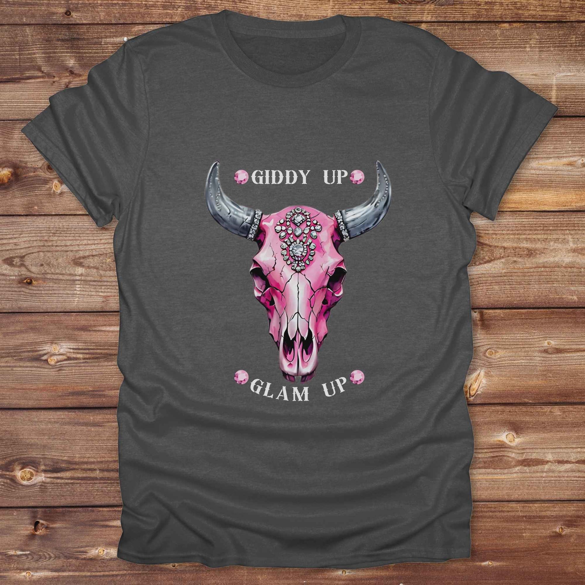 Fun western t-shirt for horse lovers and cowgirls. Western cowgirl graphic tee with horse design. Cowboy humor t-shirt for rodeo and country lovers. Horse lover funny t-shirt with western theme. Country style horse graphic tee for cowboys and cowgirls. Retro style funny western shirt for equestrians. Cute and funny country shirt with horse print. Southern cowgirl funny quote shirt for horse lovers. List of Things I Want. Giddy up Glam Up Longhorn Skull with pink rhinestones.