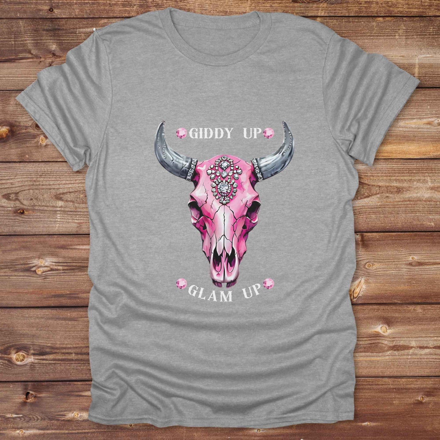 Fun western t-shirt for horse lovers and cowgirls. Western cowgirl graphic tee with horse design. Cowboy humor t-shirt for rodeo and country lovers. Horse lover funny t-shirt with western theme. Country style horse graphic tee for cowboys and cowgirls. Retro style funny western shirt for equestrians. Cute and funny country shirt with horse print. Southern cowgirl funny quote shirt for horse lovers. List of Things I Want. Giddy up Glam Up Longhorn Skull with pink rhinestones.