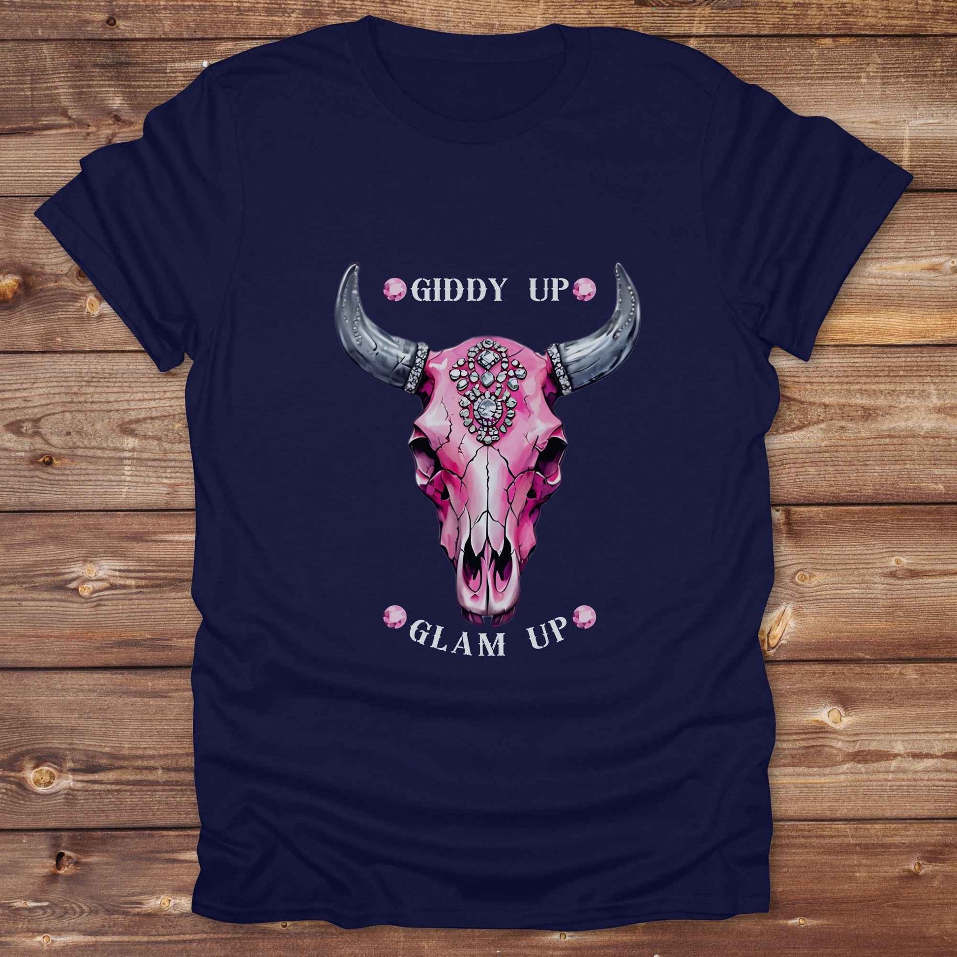 Fun western t-shirt for horse lovers and cowgirls. Western cowgirl graphic tee with horse design. Cowboy humor t-shirt for rodeo and country lovers. Horse lover funny t-shirt with western theme. Country style horse graphic tee for cowboys and cowgirls. Retro style funny western shirt for equestrians. Cute and funny country shirt with horse print. Southern cowgirl funny quote shirt for horse lovers. List of Things I Want. Giddy up Glam Up Longhorn Skull with pink rhinestones.