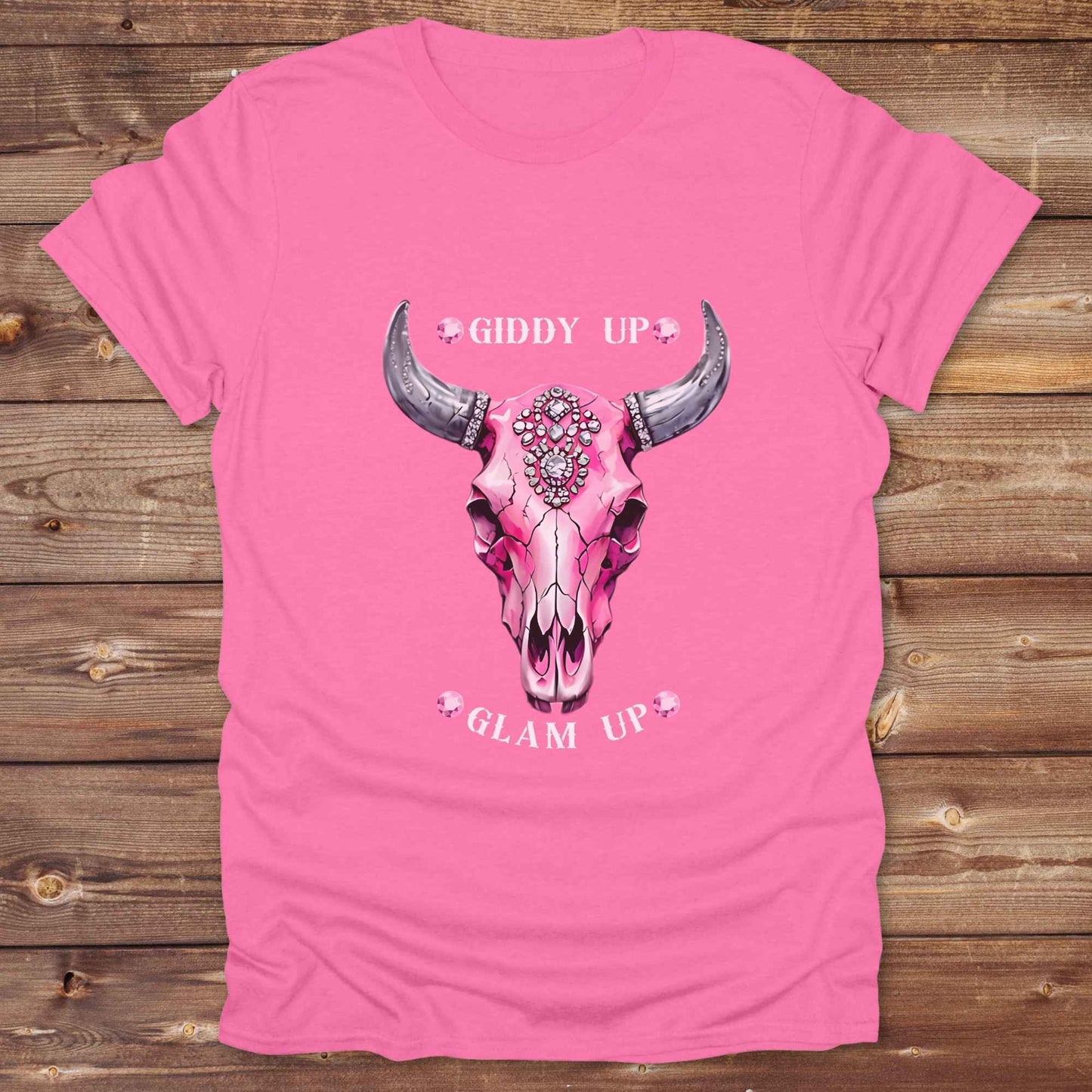Fun western t-shirt for horse lovers and cowgirls. Western cowgirl graphic tee with horse design. Cowboy humor t-shirt for rodeo and country lovers. Horse lover funny t-shirt with western theme. Country style horse graphic tee for cowboys and cowgirls. Retro style funny western shirt for equestrians. Cute and funny country shirt with horse print. Southern cowgirl funny quote shirt for horse lovers. List of Things I Want. Giddy up Glam Up Longhorn Skull with pink rhinestones.