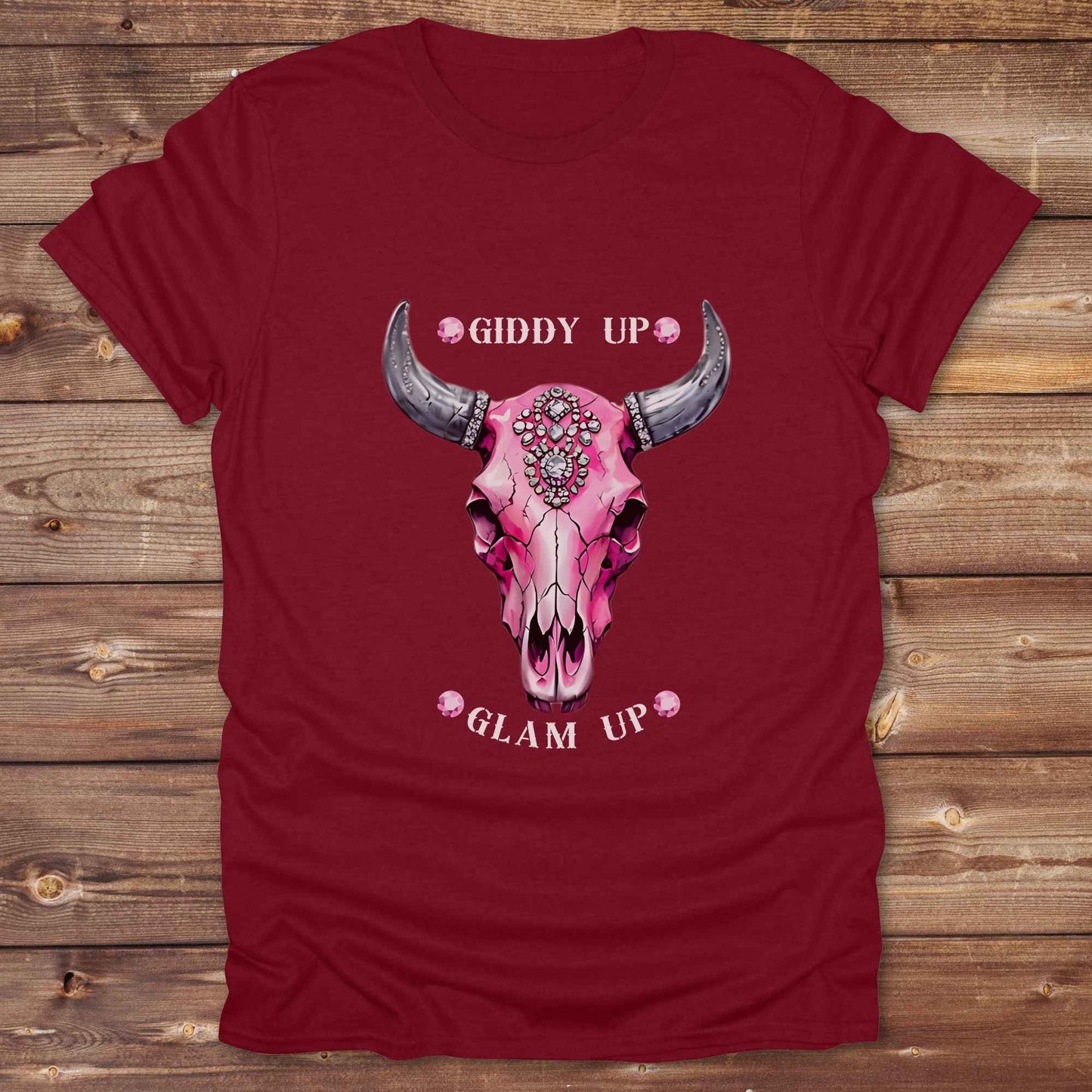 Fun western t-shirt for horse lovers and cowgirls. Western cowgirl graphic tee with horse design. Cowboy humor t-shirt for rodeo and country lovers. Horse lover funny t-shirt with western theme. Country style horse graphic tee for cowboys and cowgirls. Retro style funny western shirt for equestrians. Cute and funny country shirt with horse print. Southern cowgirl funny quote shirt for horse lovers. List of Things I Want. Giddy up Glam Up Longhorn Skull with pink rhinestones.