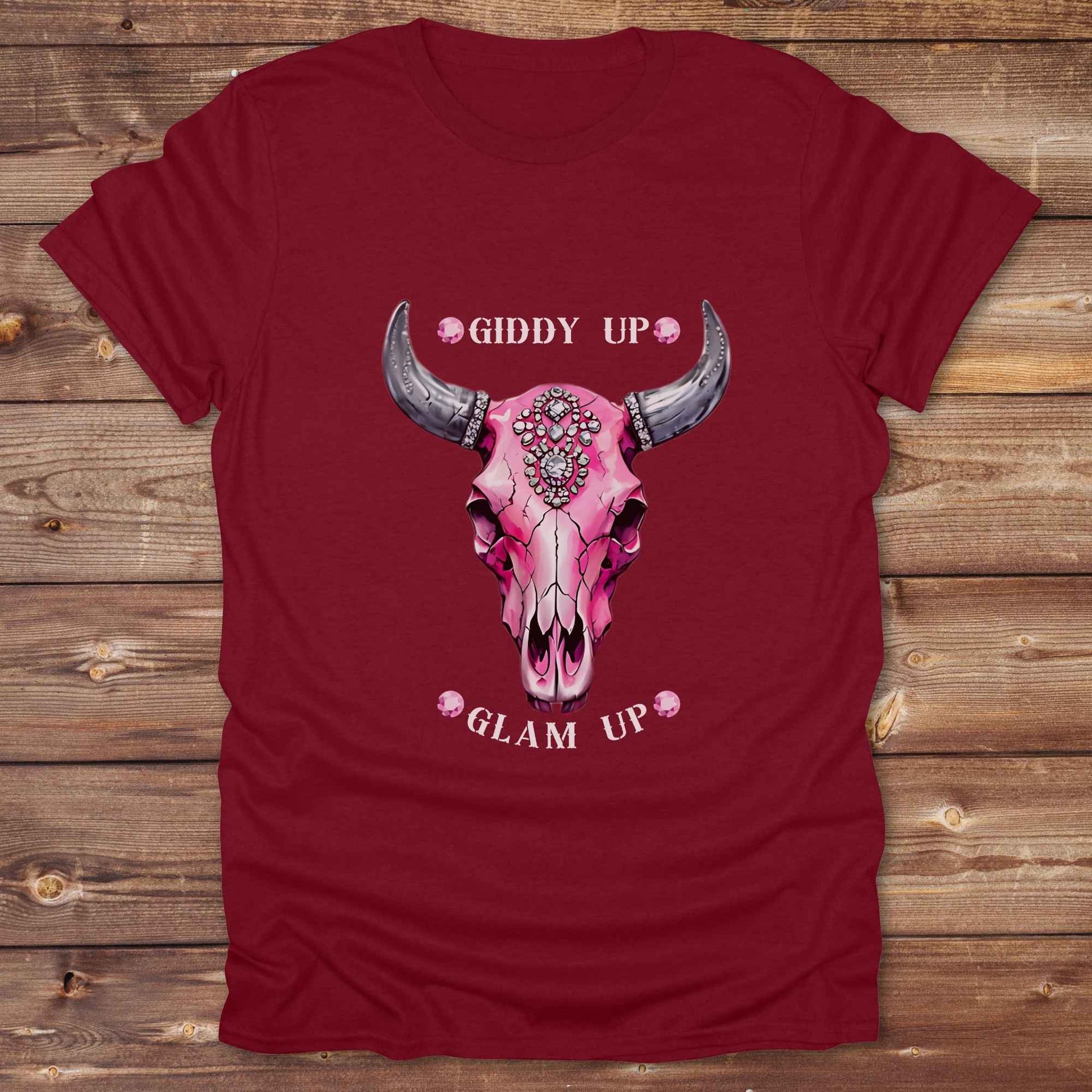 Fun western t-shirt for horse lovers and cowgirls. Western cowgirl graphic tee with horse design. Cowboy humor t-shirt for rodeo and country lovers. Horse lover funny t-shirt with western theme. Country style horse graphic tee for cowboys and cowgirls. Retro style funny western shirt for equestrians. Cute and funny country shirt with horse print. Southern cowgirl funny quote shirt for horse lovers. List of Things I Want. Giddy up Glam Up Longhorn Skull with pink rhinestones.