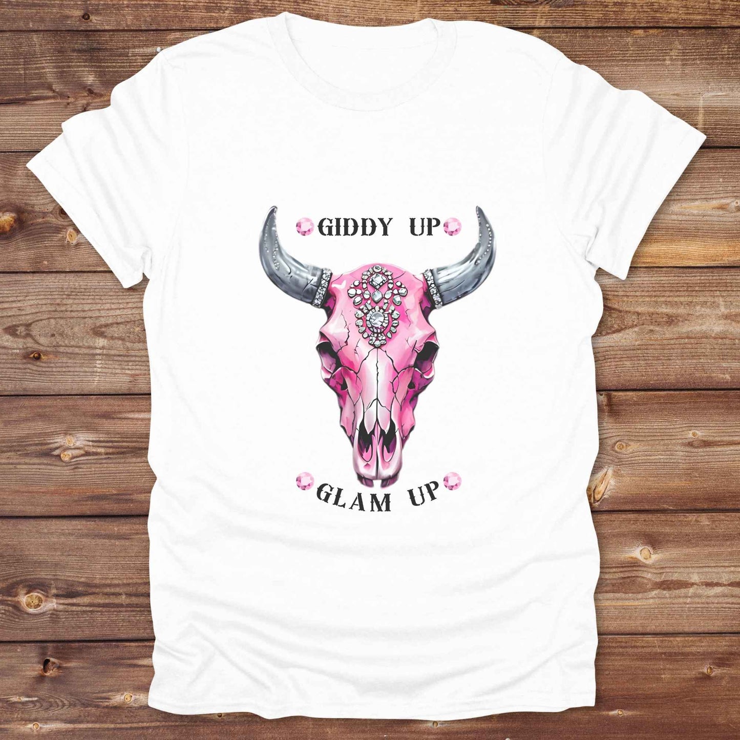 Fun western t-shirt for horse lovers and cowgirls. Western cowgirl graphic tee with horse design. Cowboy humor t-shirt for rodeo and country lovers. Horse lover funny t-shirt with western theme. Country style horse graphic tee for cowboys and cowgirls. Retro style funny western shirt for equestrians. Cute and funny country shirt with horse print. Southern cowgirl funny quote shirt for horse lovers. List of Things I Want. Giddy up Glam Up Longhorn Skull with pink rhinestones.