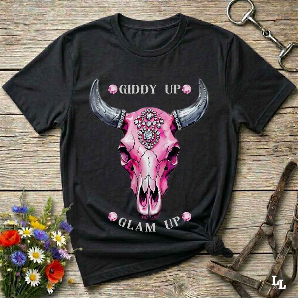 black Fun western t-shirt for horse lovers and cowgirls. Western cowgirl graphic tee with horse design. Cowboy humor t-shirt for rodeo and country lovers. Horse lover funny t-shirt with western theme. Country style horse graphic tee for cowboys and cowgirls. Retro style funny western shirt for equestrians. Cute and funny country shirt with horse print. Southern cowgirl funny quote shirt for horse lovers. List of Things I Want. Giddy up Glam Up Longhorn Skull with pink rhinestones.