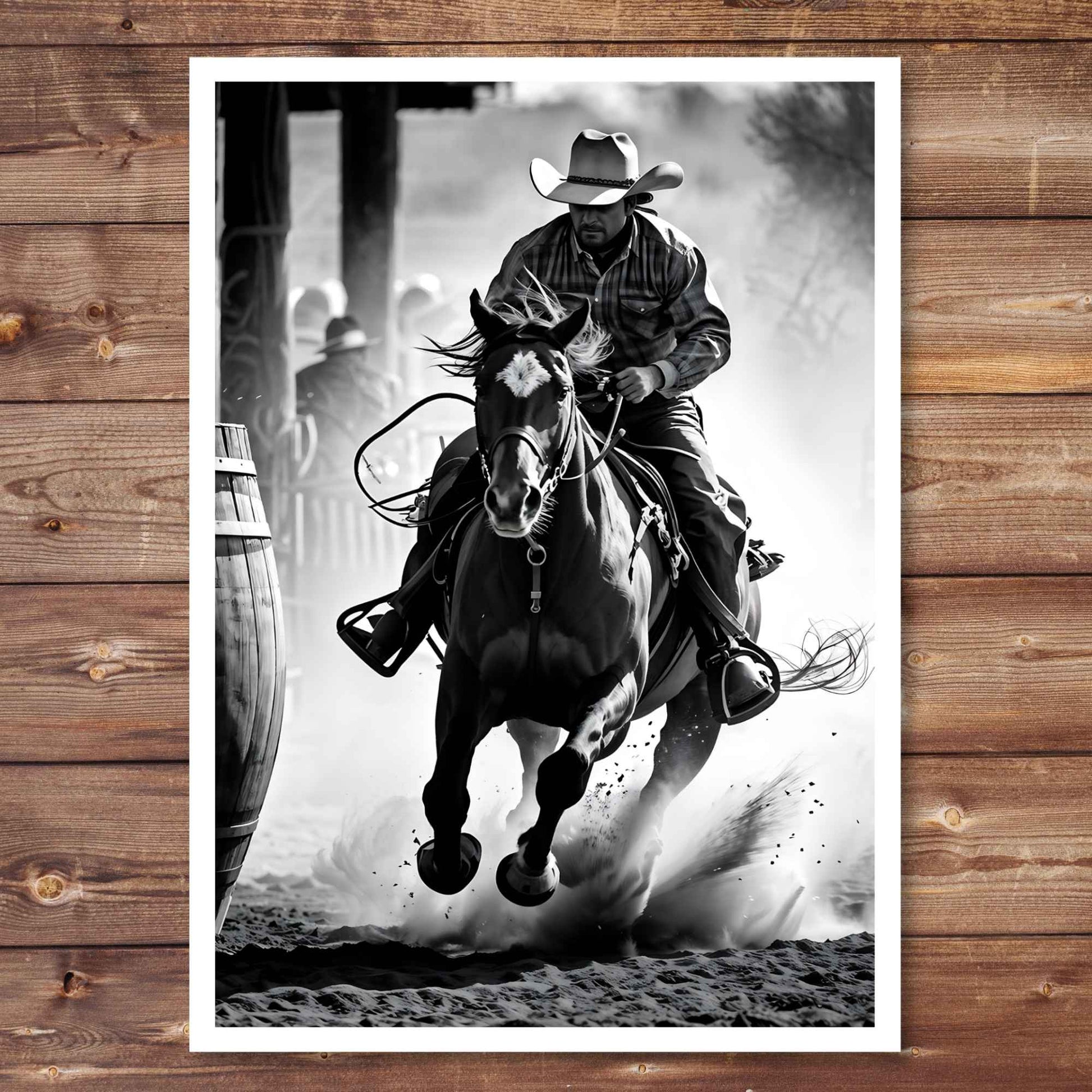 Black and white poster of a cowboy riding a horse on a wooden wall.