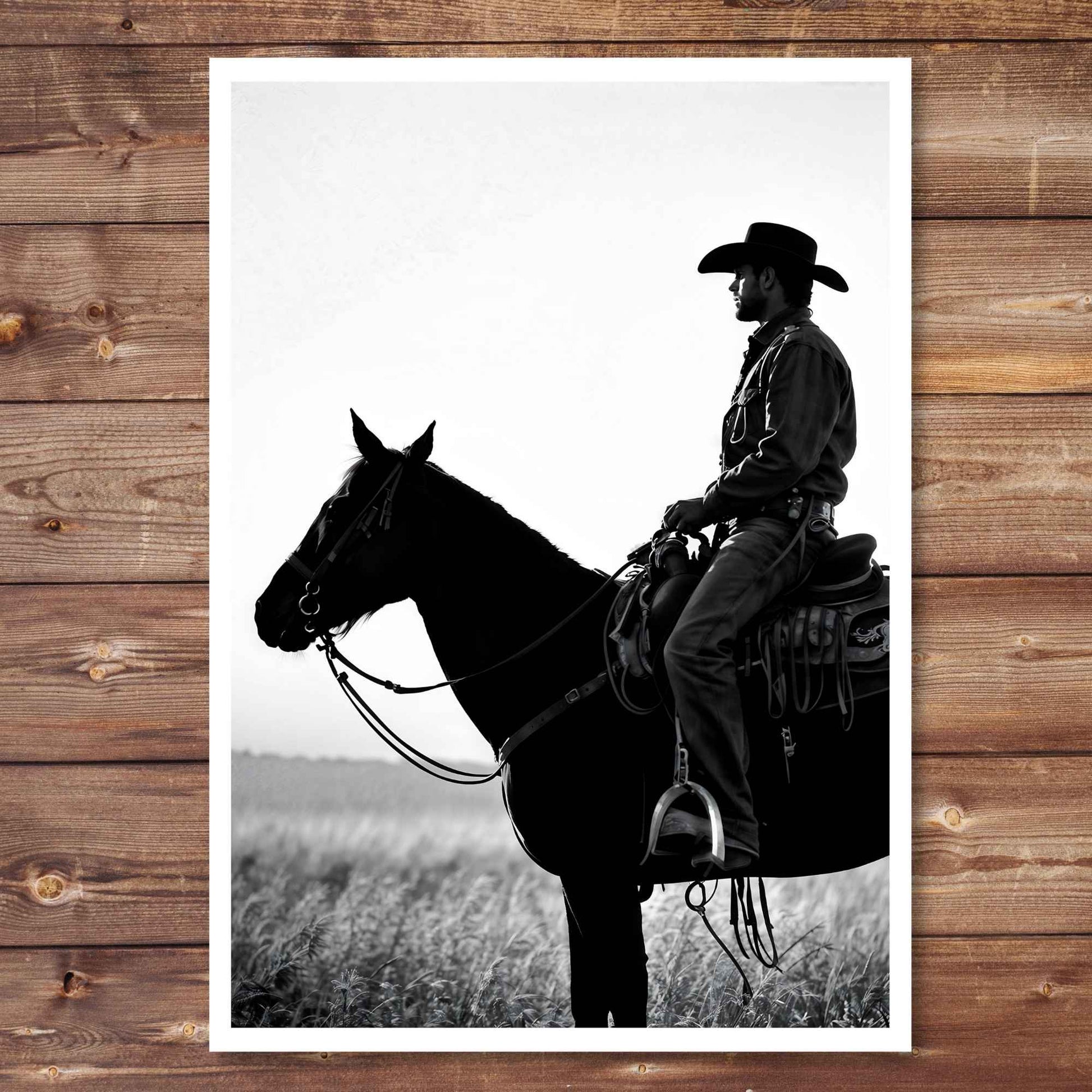 Black and white silhouette of a cowboy on horseback against a plain background