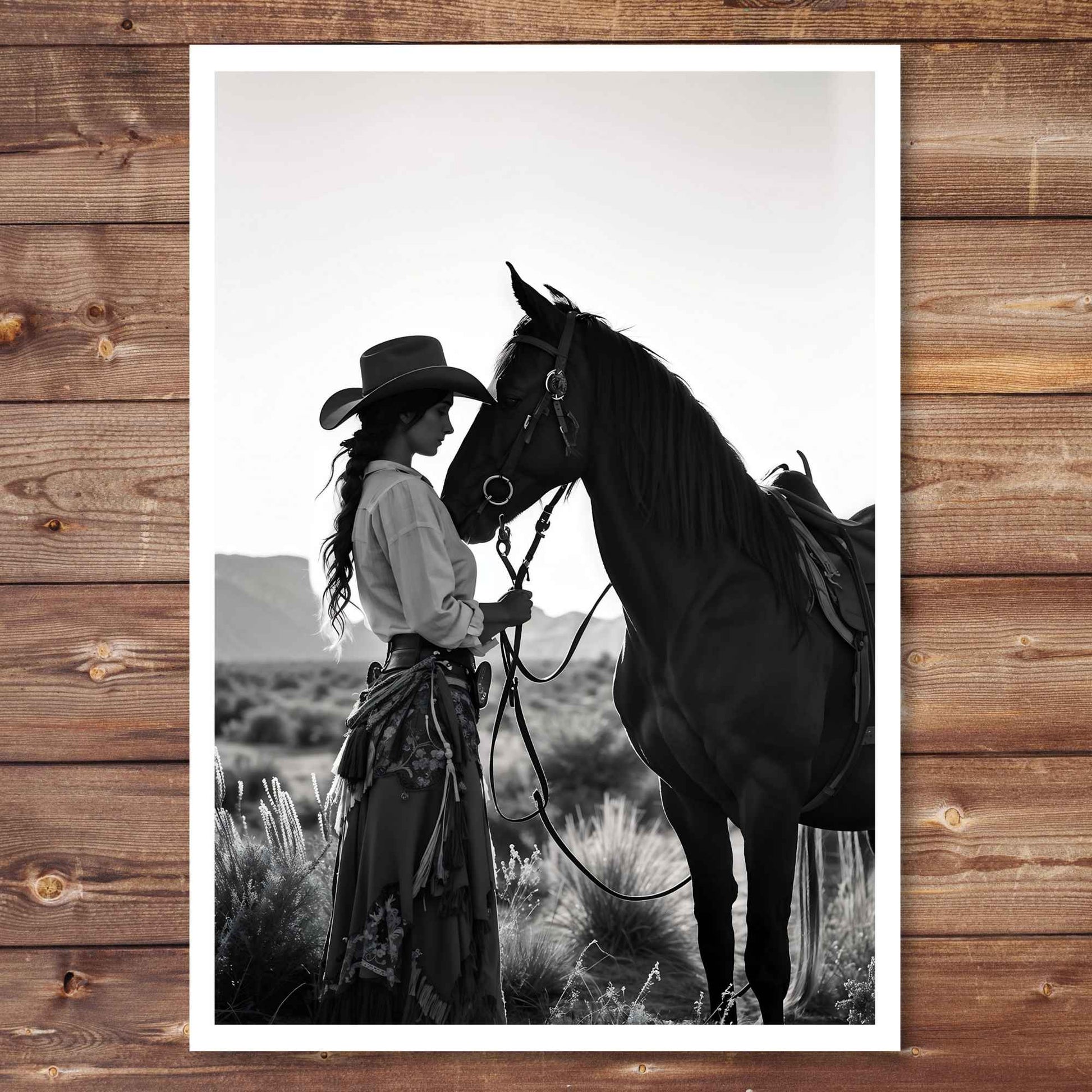 Black and white photo of a woman with a horse