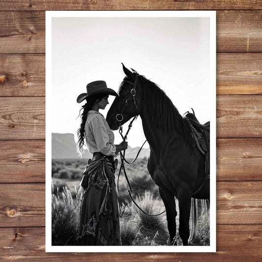 Black and white photo of a woman with a horse
