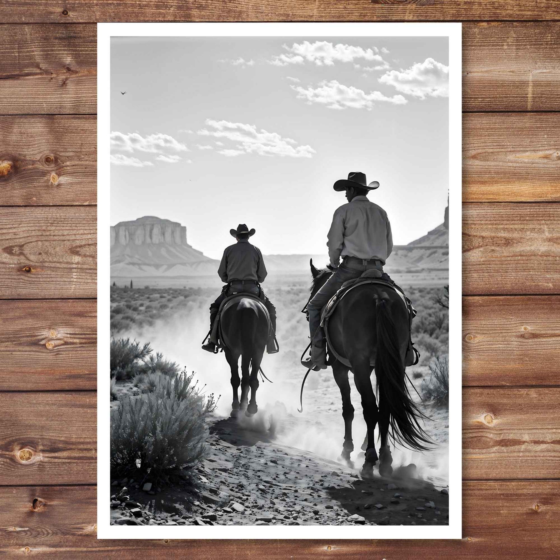 Black and white photo of two cowboys on horseback with a wooden frame.