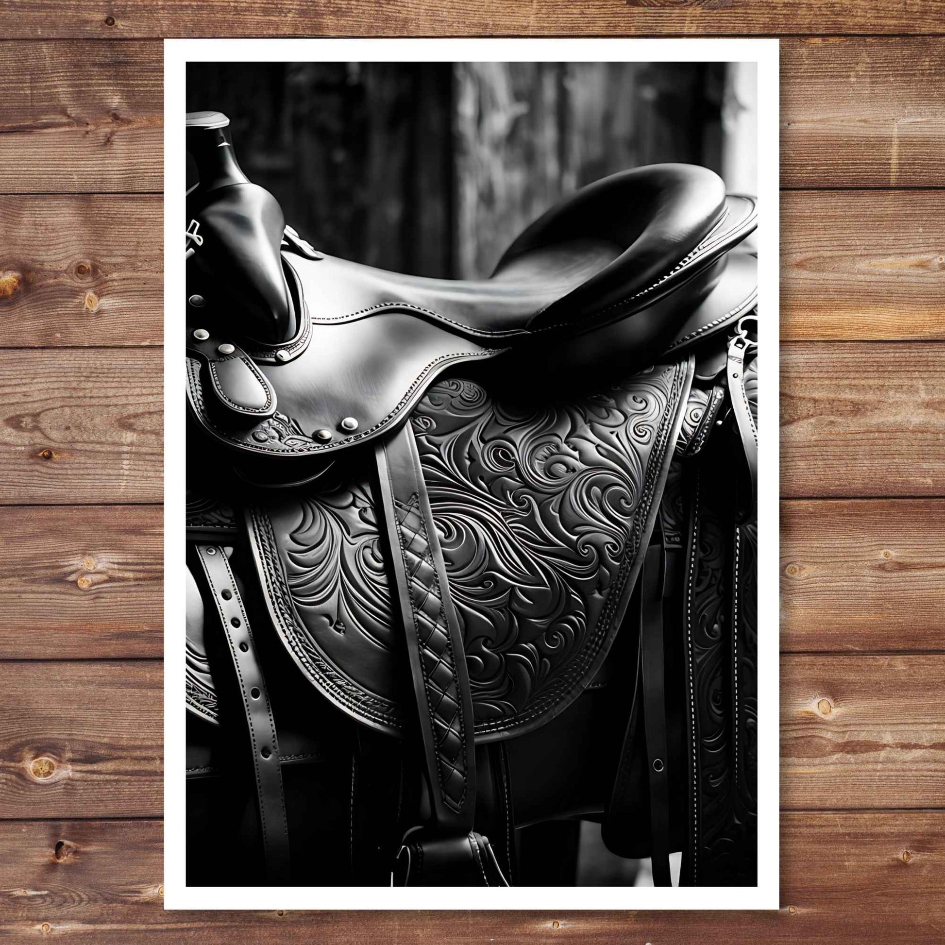 black and white photo of a western saddle