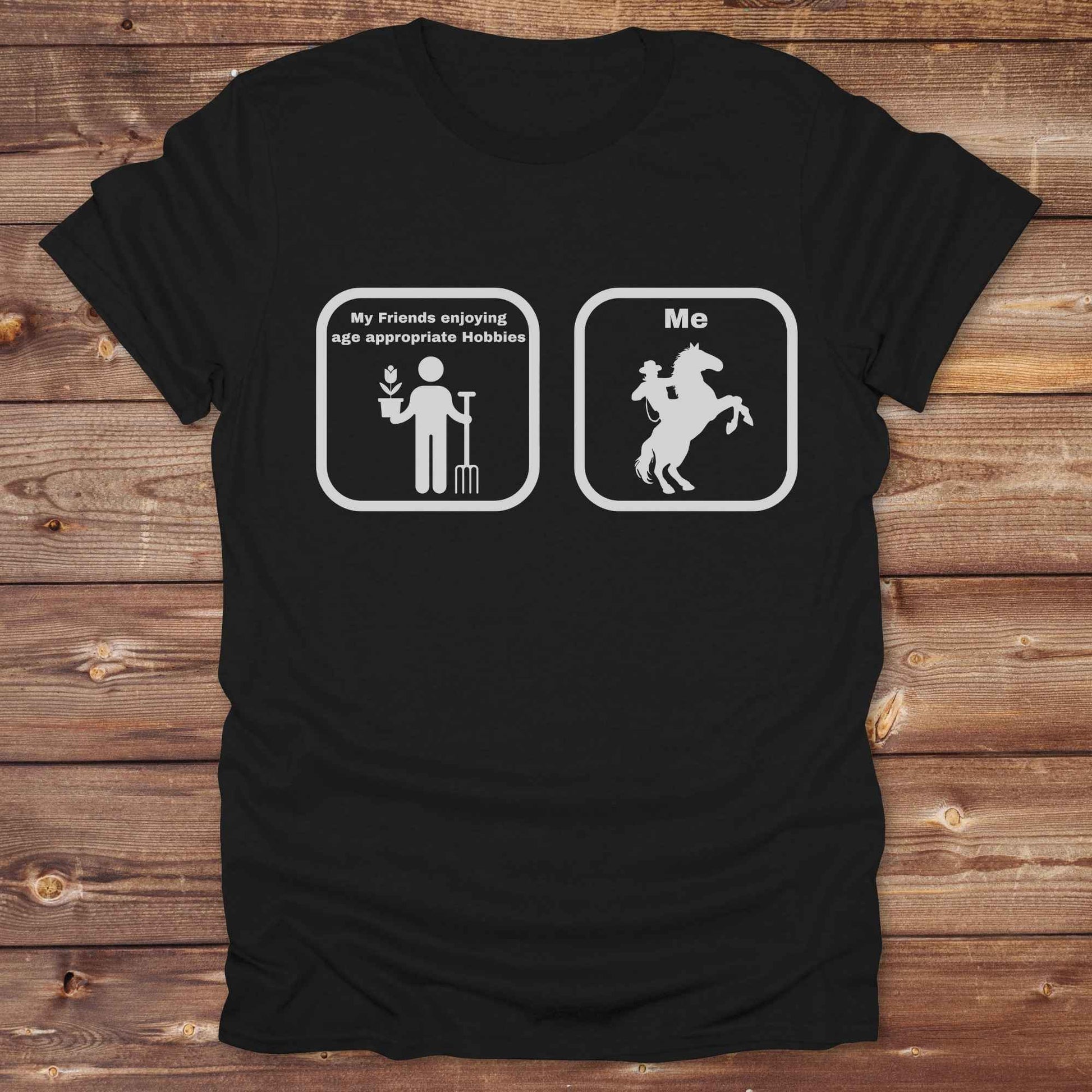 Fun western t-shirt for horse lovers and cowgirls. Western cowgirl graphic tee with horse design. Cowboy humor t-shirt for rodeo and country lovers. Horse lover funny t-shirt with western theme. Country style horse graphic tee for cowboys and cowgirls. Retro style funny western shirt for equestrians. Cute and funny country shirt with horse print. Southern cowgirl funny quote shirt for horse lovers. Age appropriate hobbies.