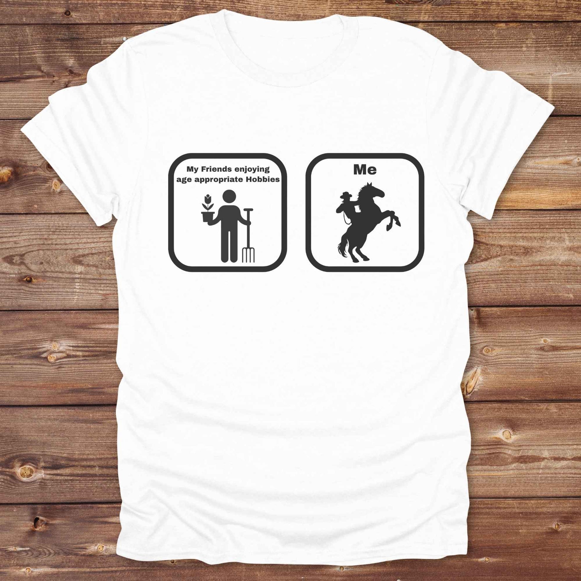 Fun western t-shirt for horse lovers and cowgirls. Western cowgirl graphic tee with horse design. Cowboy humor t-shirt for rodeo and country lovers. Horse lover funny t-shirt with western theme. Country style horse graphic tee for cowboys and cowgirls. Retro style funny western shirt for equestrians. Cute and funny country shirt with horse print. Southern cowgirl funny quote shirt for horse lovers. Age appropriate hobbies.