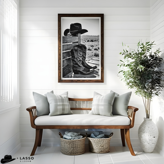 Cowboy Hat and Boots on Bench Print