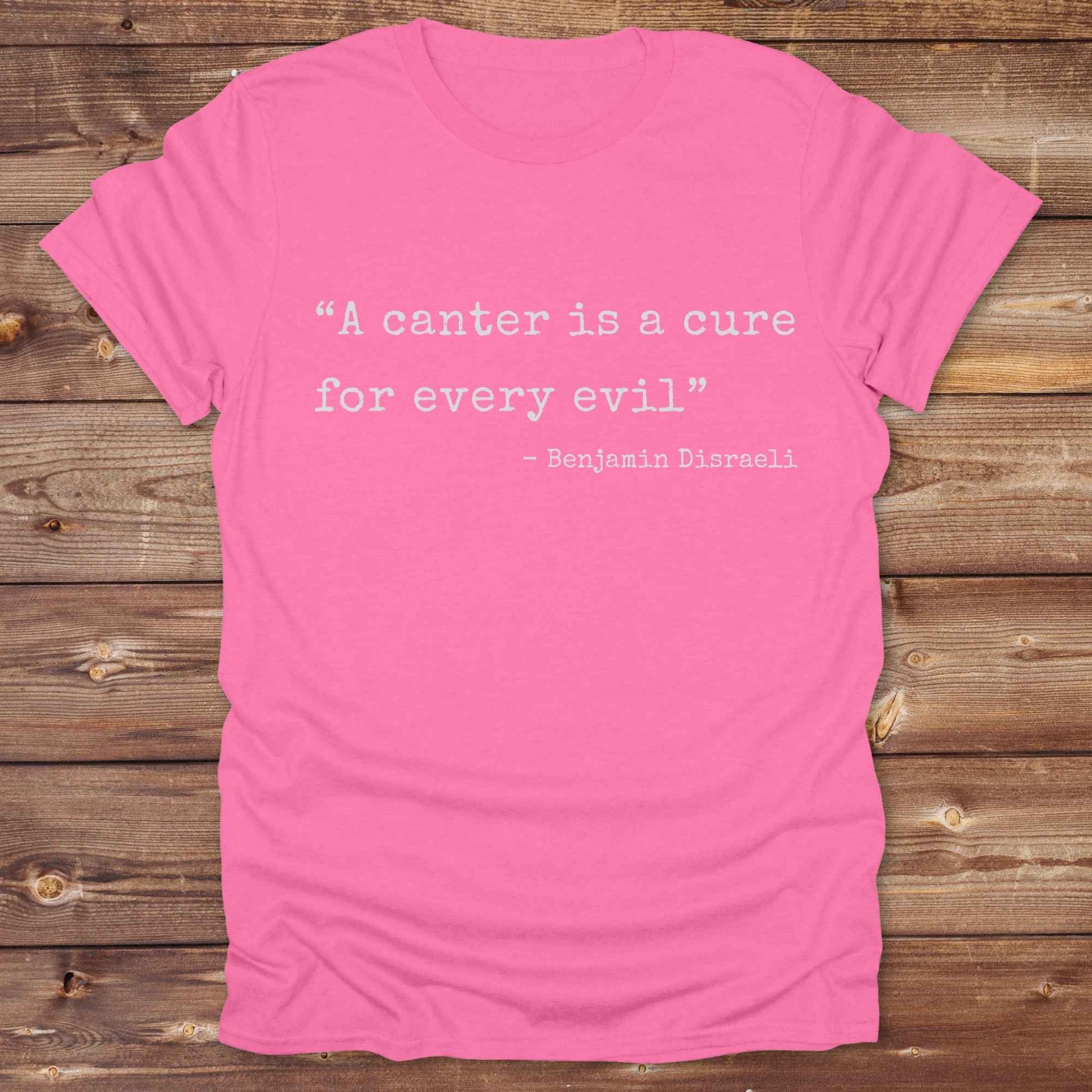 Discover the healing power of riding with our “A canter is a cure for every evil” T‑Shirt featuring a poignant Benjamin Disraeli quote. Designed for equestrians, cowboys, cowgirls, and country fashion lovers. Perfect for barn days, trail rides, and relaxed weekends. the ideal gift and a staple in any horse lover’s wardrobe. Giddy up and shop now!