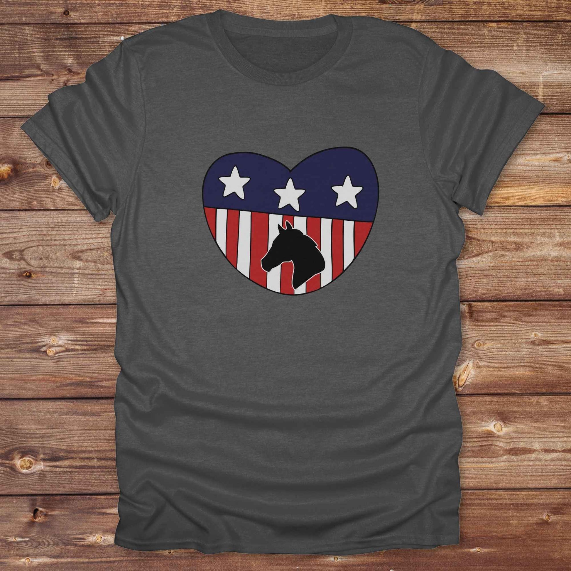 Celebrate your love for horses and the USA with our Horse Love USA T-Shirt, designed for western lifestyle lovers, cowgirls, and equestrian fans alike. Featuring a bold horse silhouette and a heart-shaped USA flag, this tee is perfect for USA horse riders who enjoy rustic country charm and humor.