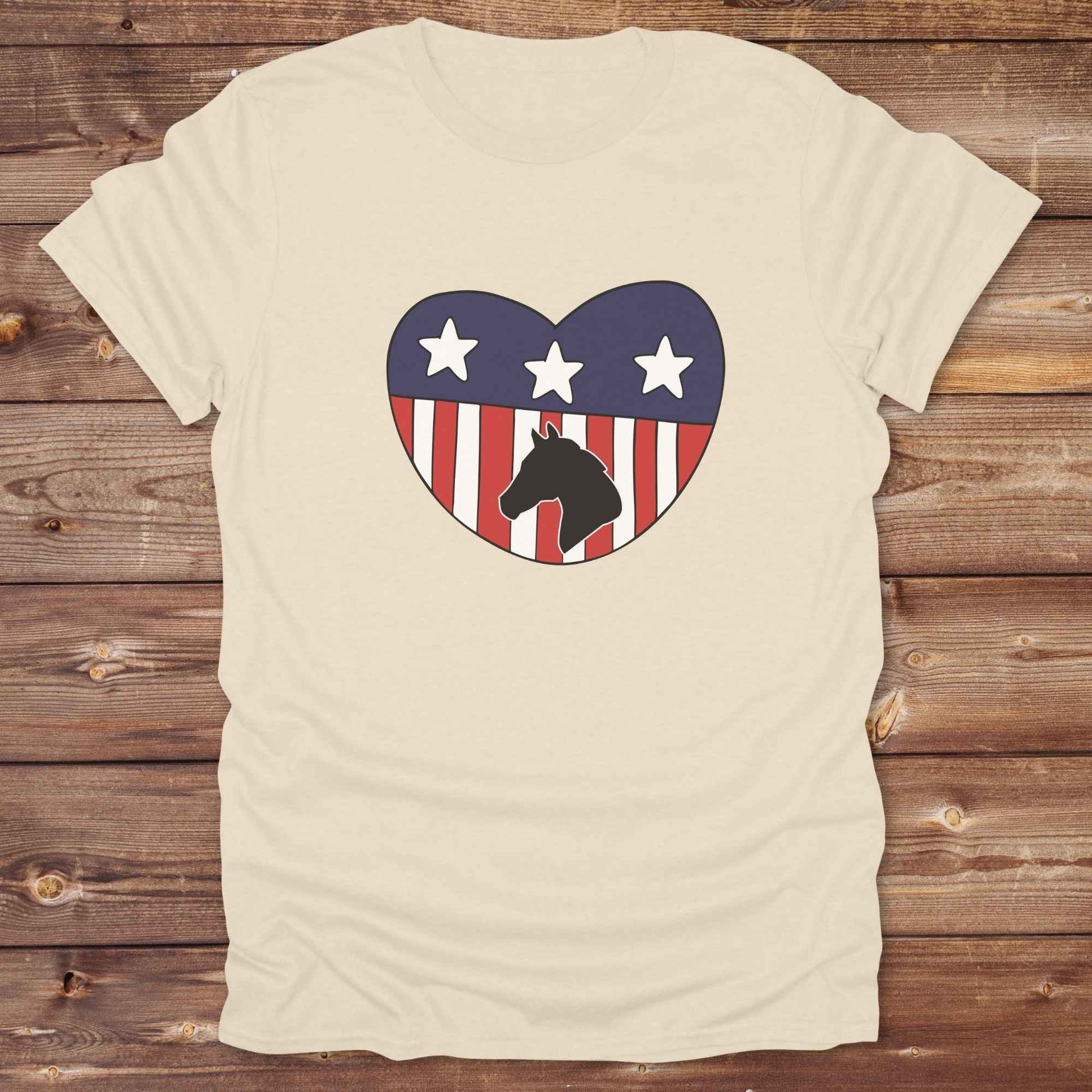 Celebrate your love for horses and the USA with our Horse Love USA T-Shirt, designed for western lifestyle lovers, cowgirls, and equestrian fans alike. Featuring a bold horse silhouette and a heart-shaped USA flag, this tee is perfect for USA horse riders who enjoy rustic country charm and humor.