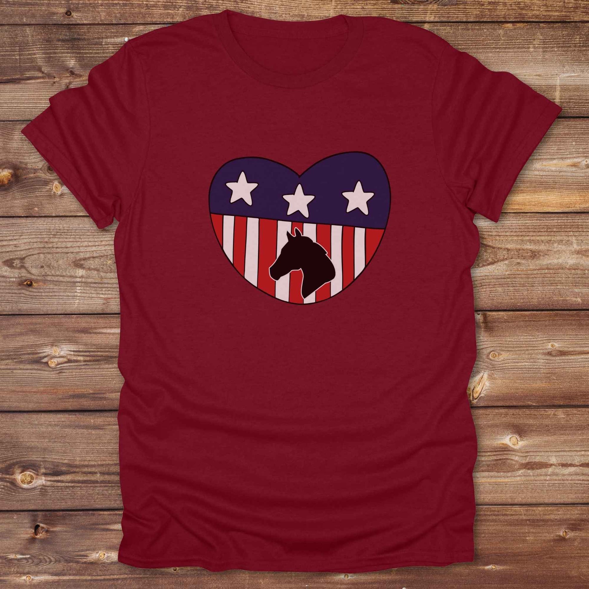 Celebrate your love for horses and the USA with our Horse Love USA T-Shirt, designed for western lifestyle lovers, cowgirls, and equestrian fans alike. Featuring a bold horse silhouette and a heart-shaped USA flag, this tee is perfect for USA horse riders who enjoy rustic country charm and humor.