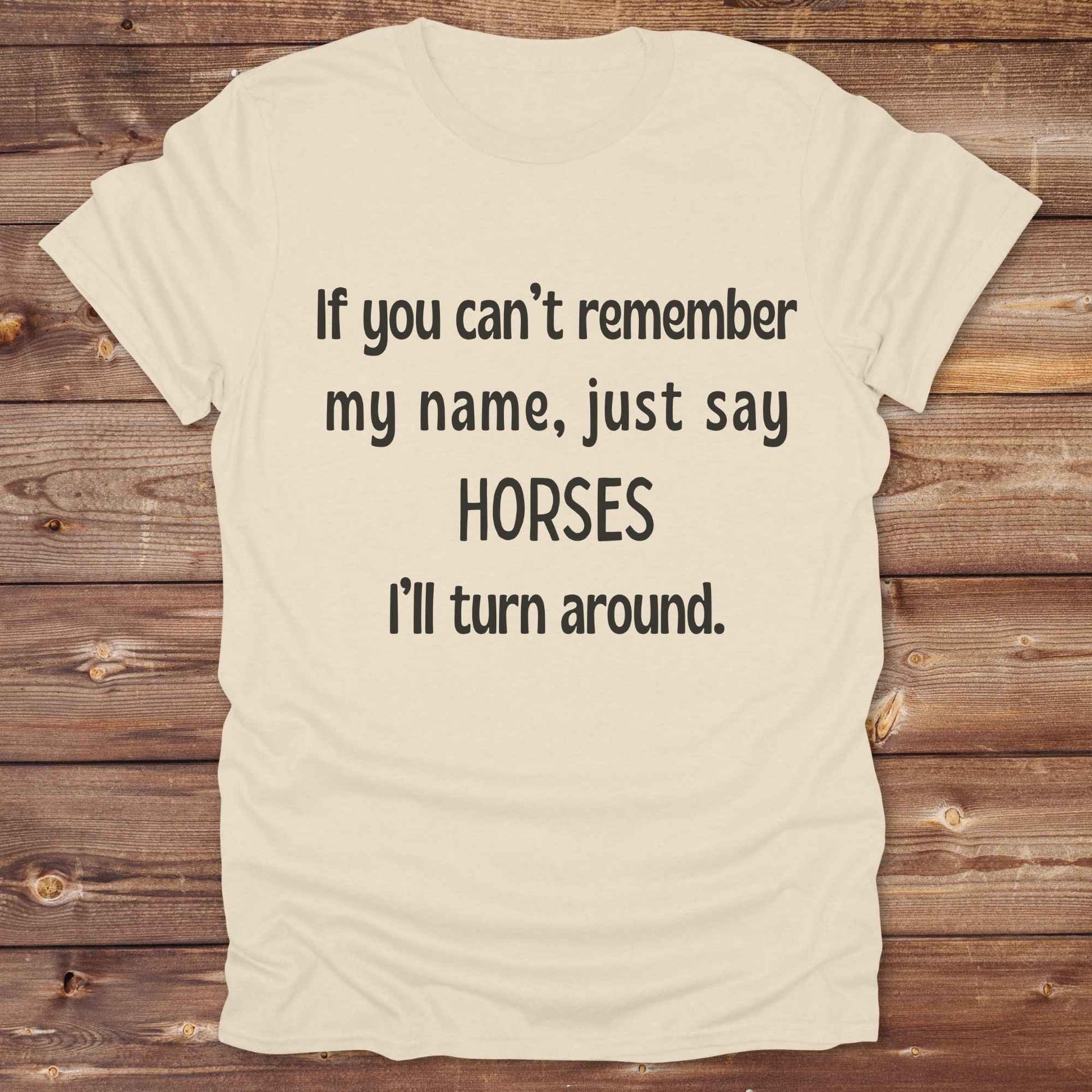 Get noticed with our hilarious “If You Can’t Remember My Name, Shout Horses” t-shirt designed for cowgirls, cowboys, and horse lovers who live for western humor and barn life. This bold, rustic graphic tee is a perfect gift for birthdays, rodeo events, or just showing off your horse obsession. Made for comfort and laughs, it's the ideal shirt for stables, trail rides, and every country concert. Cowgirl up and shout your style loud and proud. From rustic charm to rodeo ready sass, this shirt says it all!