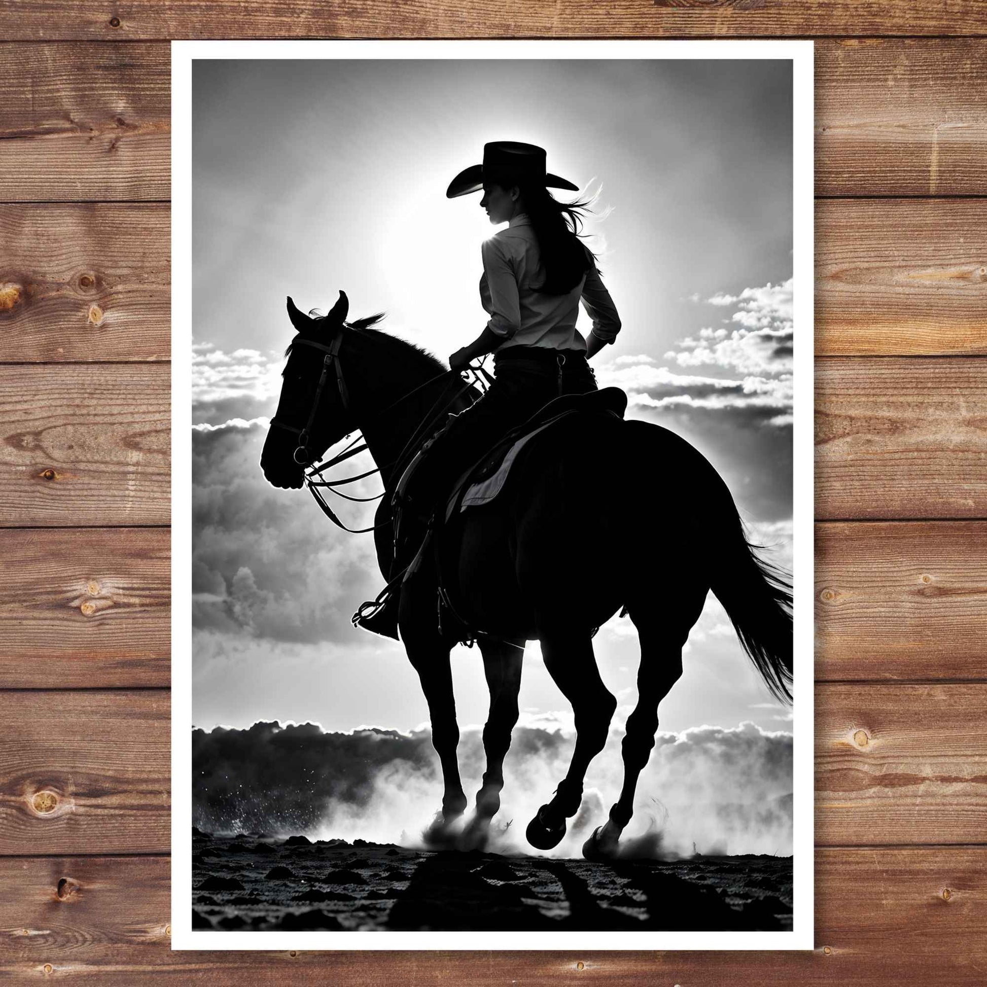 Cowgirl silhouette on her horse