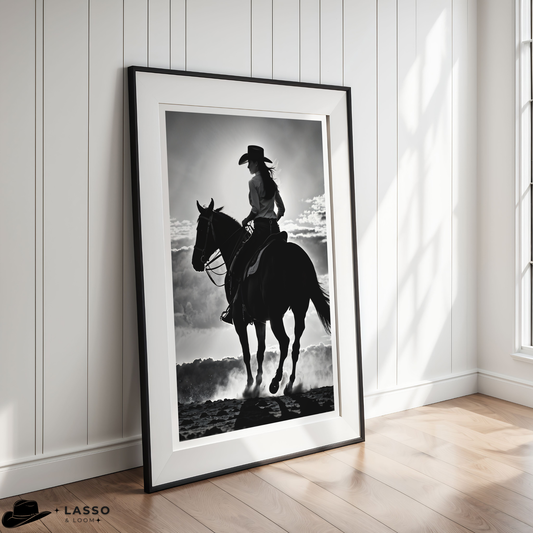 Silhouette Cowgirl on Horse Print