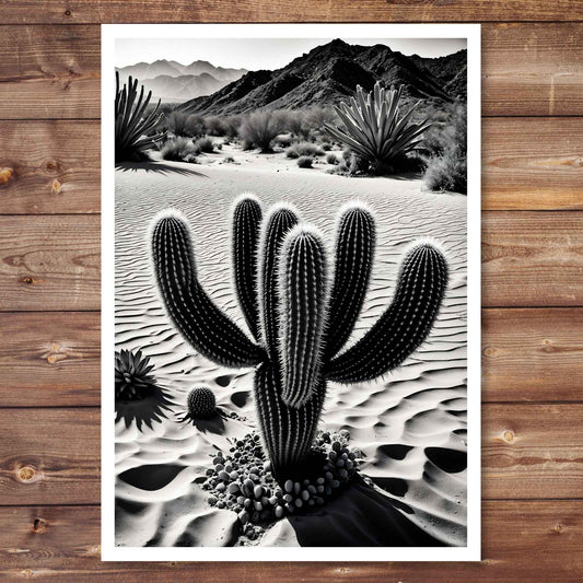 Black and white picture of cactus in the desert