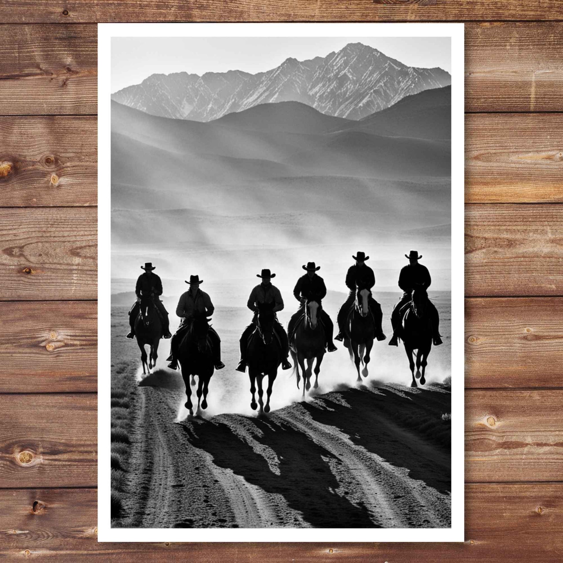 Line of cowboys riding their horses in desert landscape