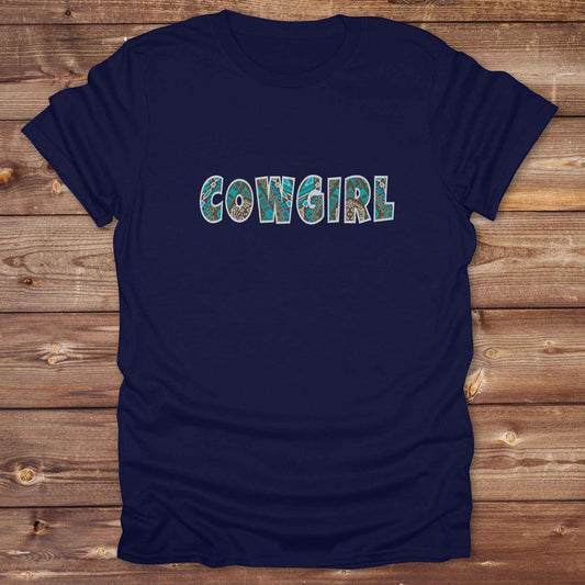 navy blue Cowgirl Aztec T-Shirt, Cowgirl Shirt, Western Tee, Equine T-Shirts, Cowgirl Graphic Tee