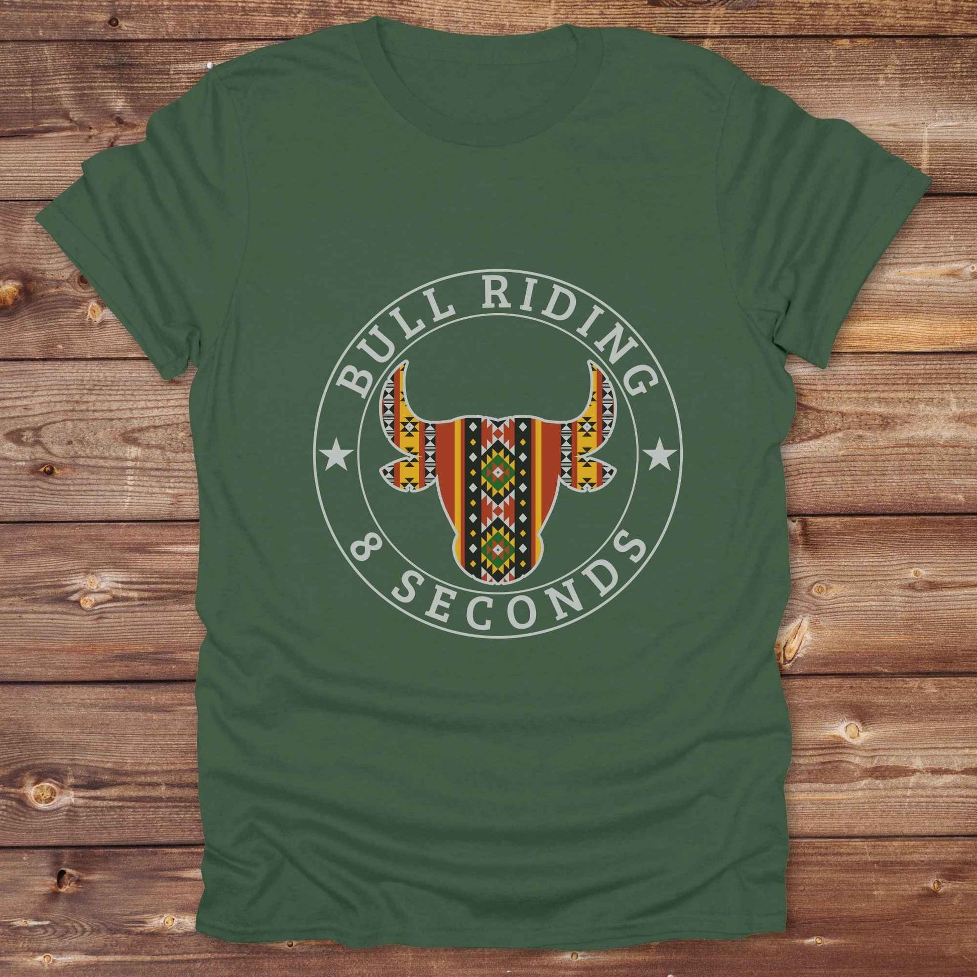 military green Bull Riding 8 Seconds T-Shirt, Cowboy Graphic Tee, Western Tees, Horse T-Shirts