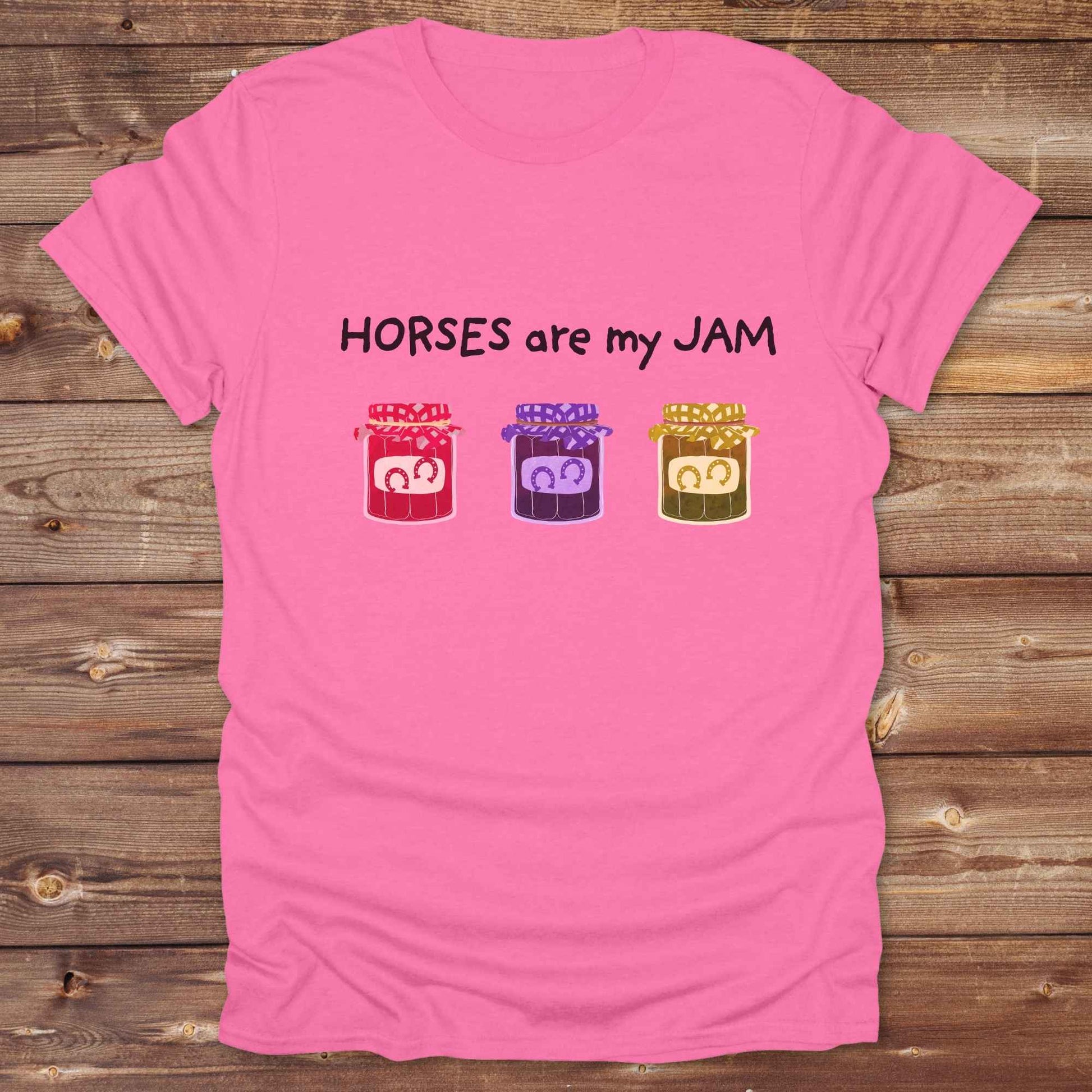 azalea pink Equestrian graphic tee featuring horses are my jam text and rustic design elements