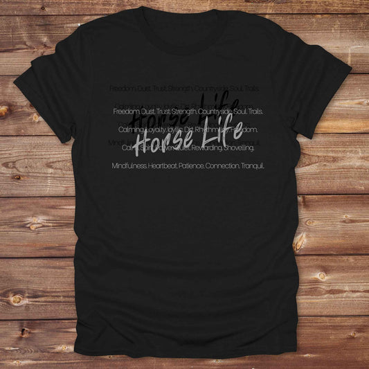 black Horse Life Words T-Shirt, Horse Lover Tee, Western Style Cowgirl Shirt, Equine T-Shirts, Cowboy Graphic Tee