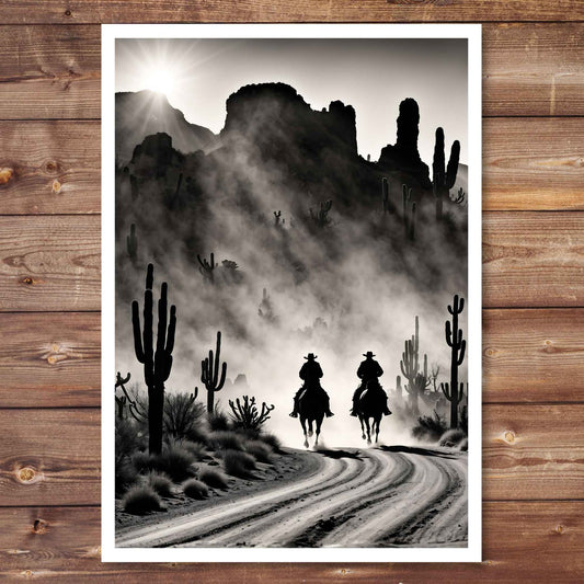 Black and white illustration of two cowboys on horseback in a desert landscape with cacti and mountains.