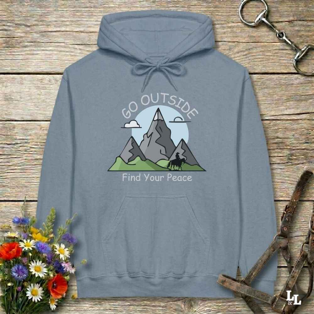 blue Outside Find your Peace Hoodie for Horse Lovers, Cozy Barn Wear, Trail Riding Hoodie