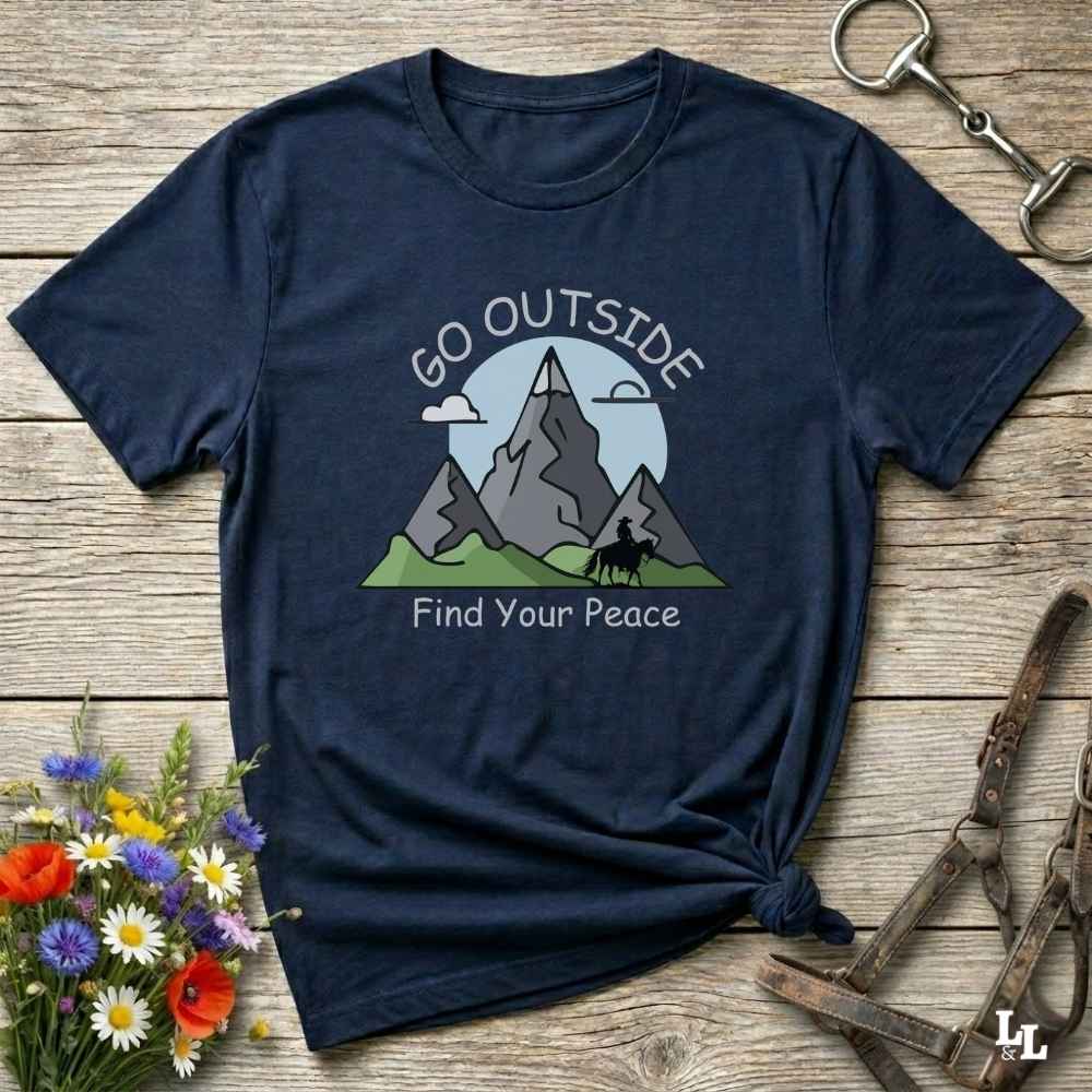 navy blue Go Outside Find your Peace T-Shirt for Horse Lovers, Horse Riding Tee, Barn Wear Apparel