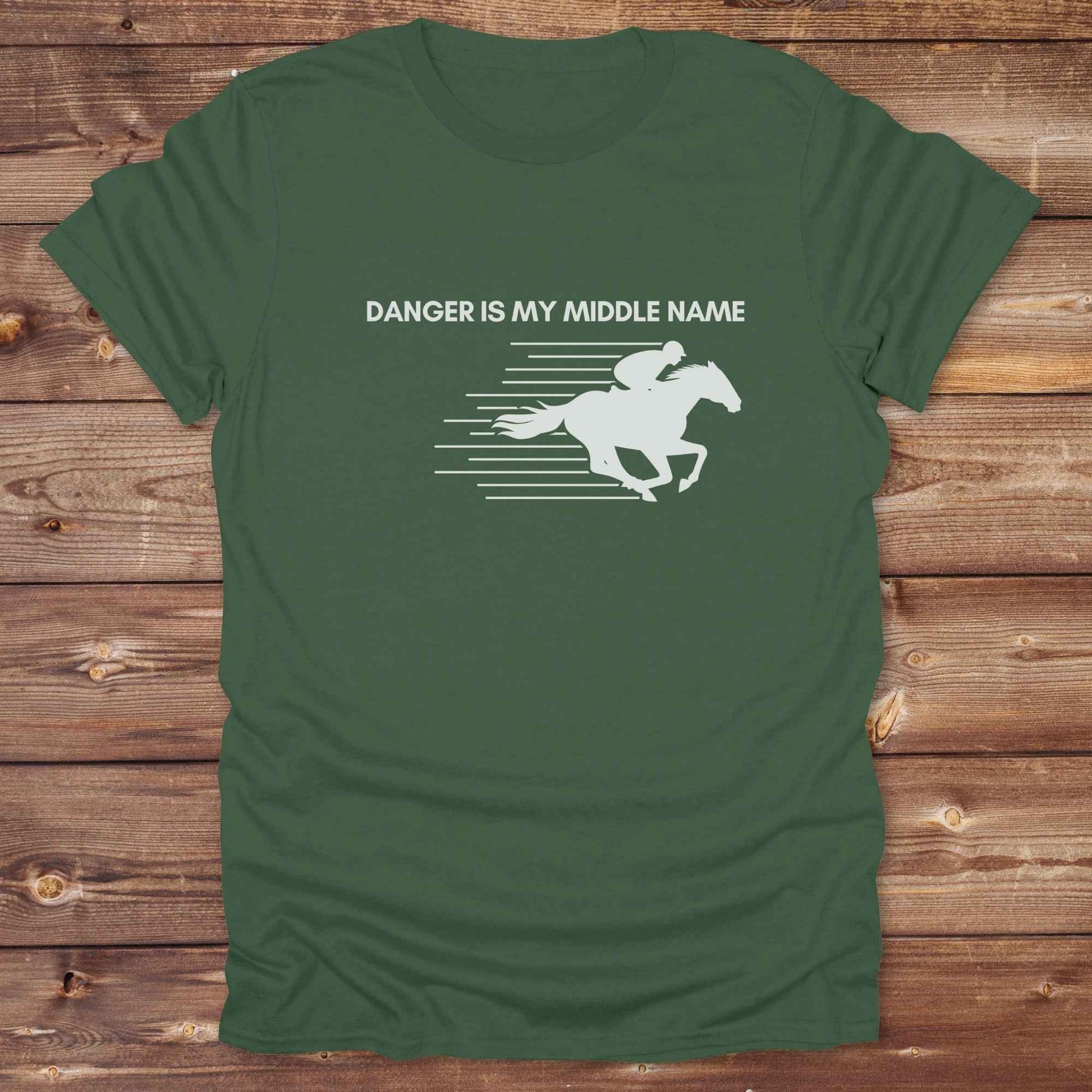 Fun western t-shirt for horse lovers and cowgirls. Western cowgirl graphic tee with horse design. Cowboy humor t-shirt for rodeo and country lovers. Horse lover funny t-shirt with western theme. Country style horse graphic tee for cowboys and cowgirls. Retro style funny western shirt for equestrians. Cute and funny country shirt with horse print. Southern cowgirl funny quote shirt for horse lovers. Danger is my middle name with fast horse.