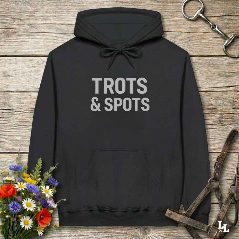 black Trots and Spots Hoodie for Pinto Horse Lover, Trail Riding Hoodie, Cozy Barn Wear