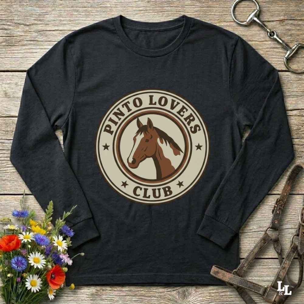 black Pinto Lovers Club Long Sleeve Tee for Pinto Horse Lovers, Long Sleeve Horse Tee