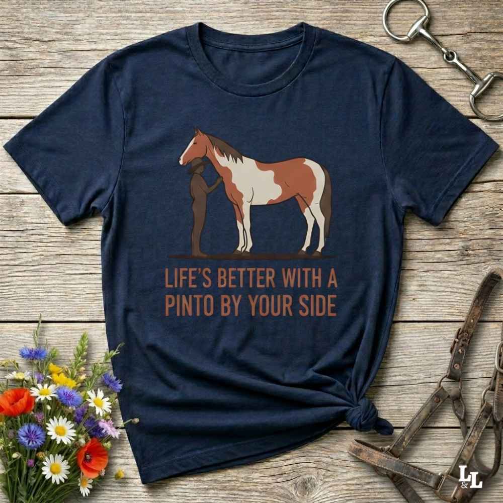 navy blue Life's Better with a Pinto T-Shirt for Pinto Horse Lovers, Trail Riding Tee for Horse Riders