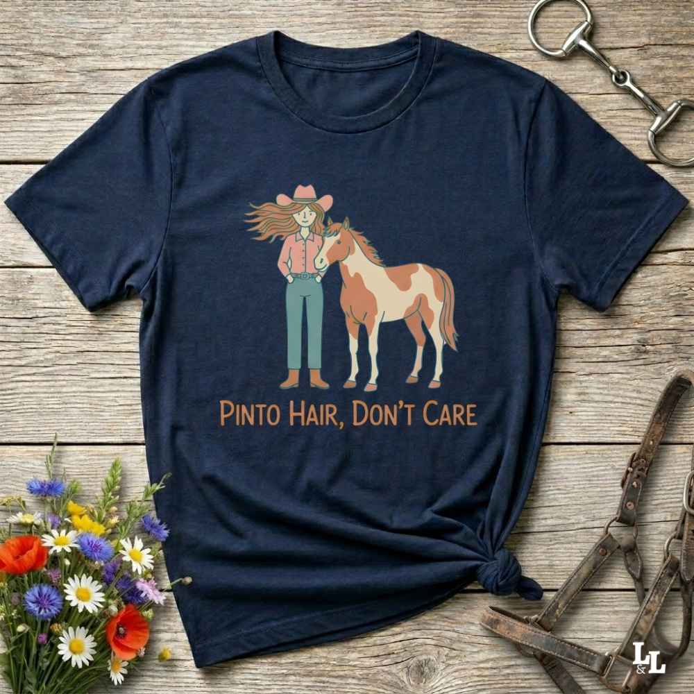 navy blue Pinto Hair Don't Care T-Shirt for Pinto Horse Lovers, Trail Riding Tee