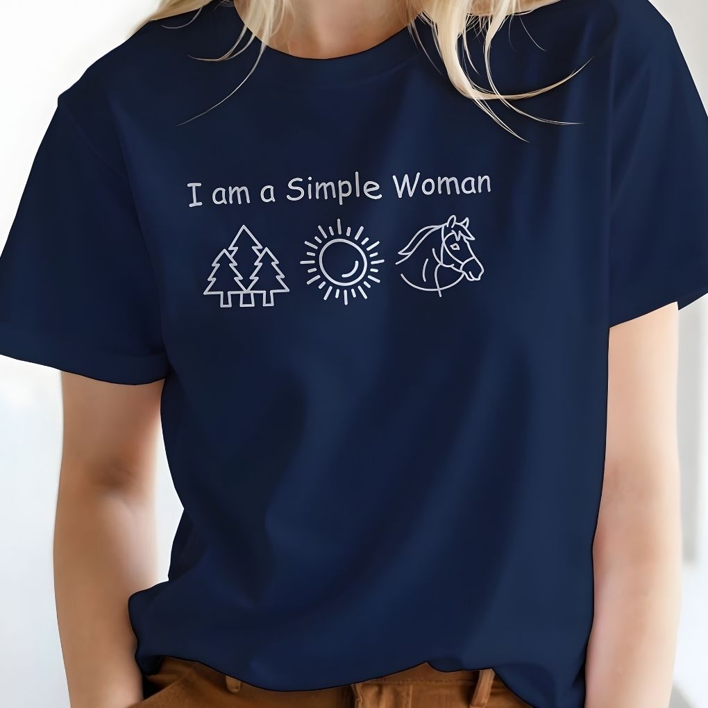 Navy blue t-shirt with white text and graphics worn by a female . I am a Simple Woman T-Shirt for Horse Lovers, Horse Riding Tee, Equestrian Wear