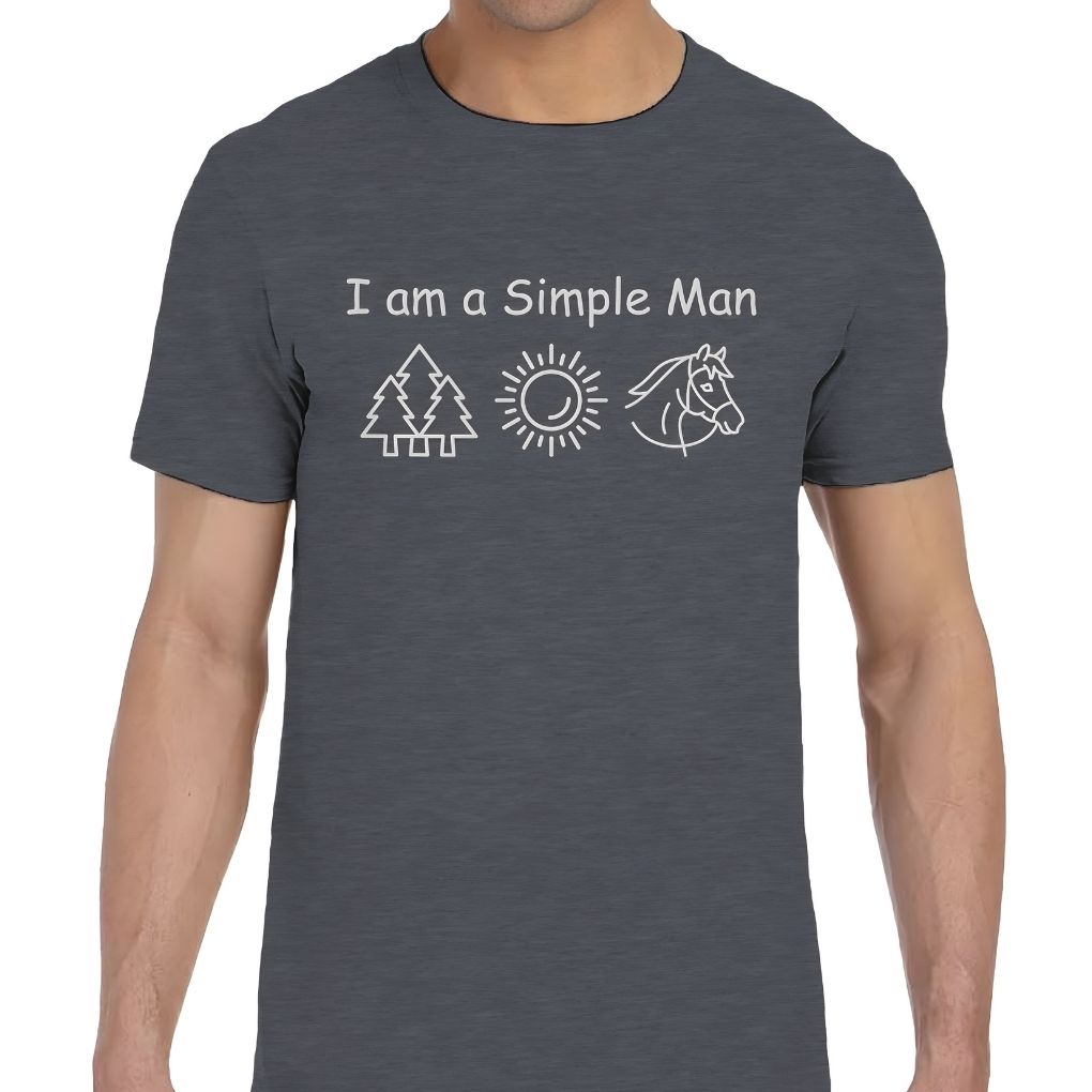 Person wearing a dark gray t-shirt with 'I am a Simple Man' text and icons. I am a Simple Man T-Shirt for Horse Lovers, Trail Riding Tee or perfect Barn Wear