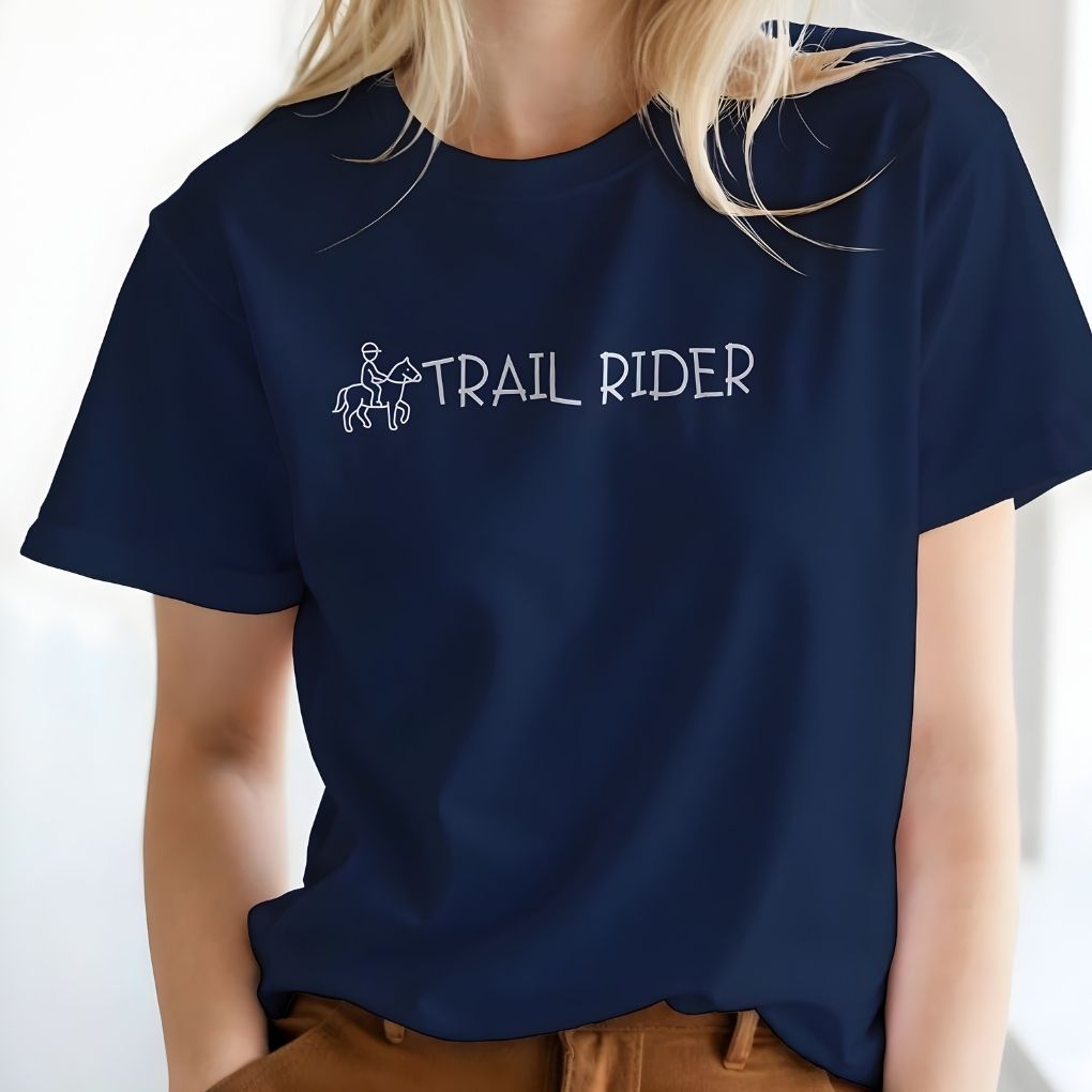 Navy blue t-shirt with 'Trail Rider' text and graphic worn by a person. Trail Rider T-Shirt for Horse Lovers, Equestrian Wear for Trail Riding