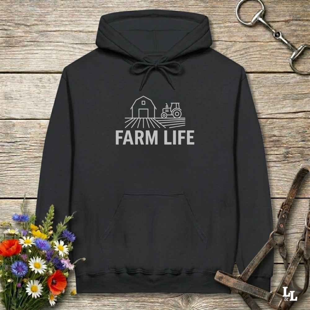 Black Farm Life Hoodie for Horse Riders, Outdoor Hoodie, Farmers Barn Wear