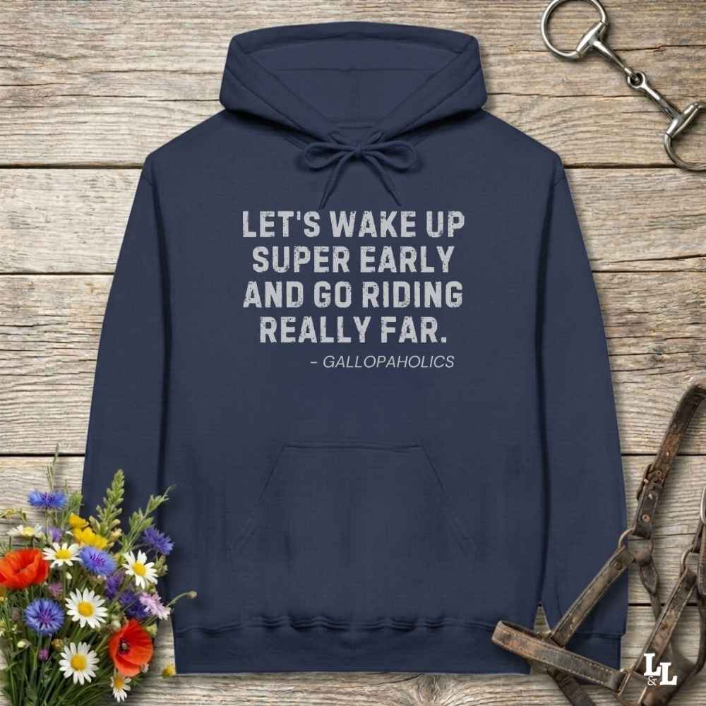 navy blue Let's Wake up Super Early Hoodie for Horse Lovers, Cozy Barn Wear, Equestrian Hoodie. Perfect gift for horse lovers, birthday present for horse riders, mother's day gift for horse riders, father's day present for horse lovers