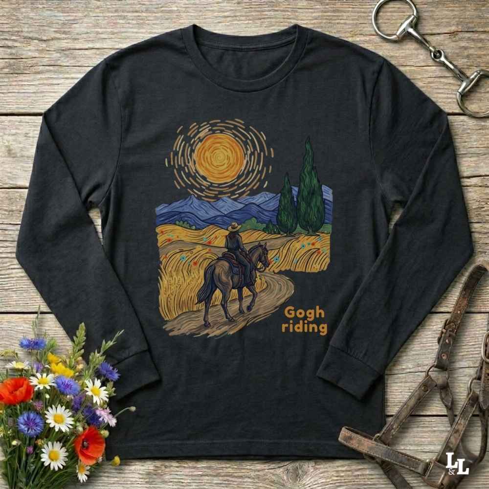 black Gogh Riding Long Sleeve Tee for Horse Lovers. Horse gift for Mom. Trail Riding Tee, horse girl shirt, horse mom shirt, horse lover, horse girl, Funny horse lover gifts, Funny horse shirts, Horse girl gifts, Equestrian graphic tees, fathers day gift, Sarcastic horse shirt