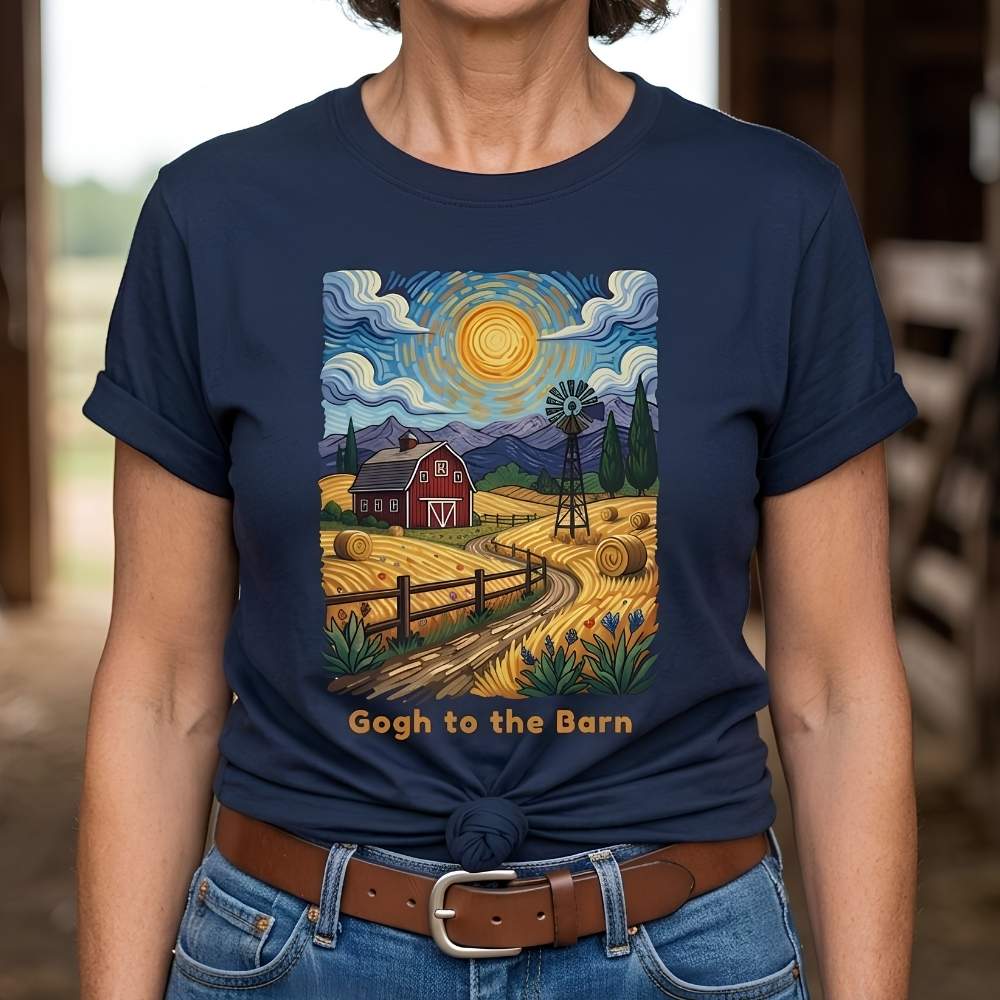 A woman wearing a navy blue t-shirt featuring Van Gogh-inspired landscape art of a farm, with a red barn, windmill, and hay bales under a swirling sun. Below the image, orange text reads, 'Gogh to the Barn.' Ideal horse lover and barn life gift.