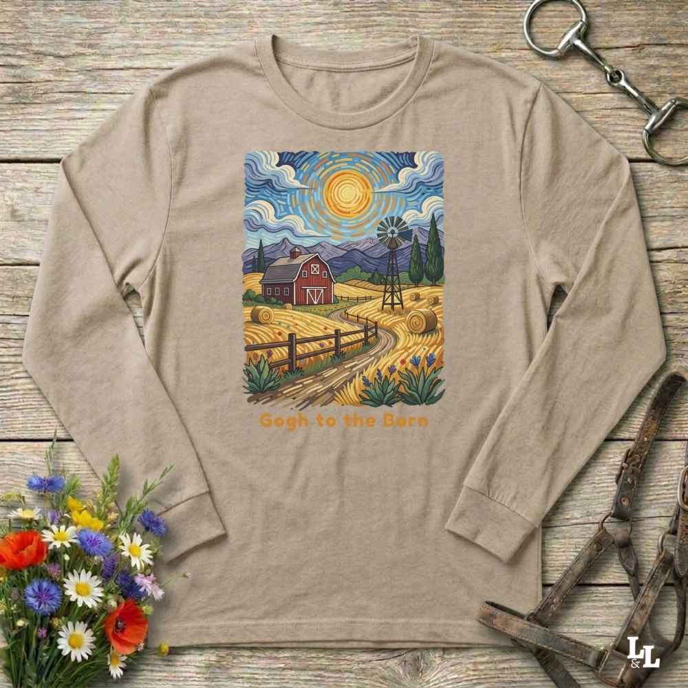beige long-sleeve shirt with a farm scene design and 'Gogh to the Barn' text on a wooden surface with flowers and tools. Perfect gift for horse lovers.