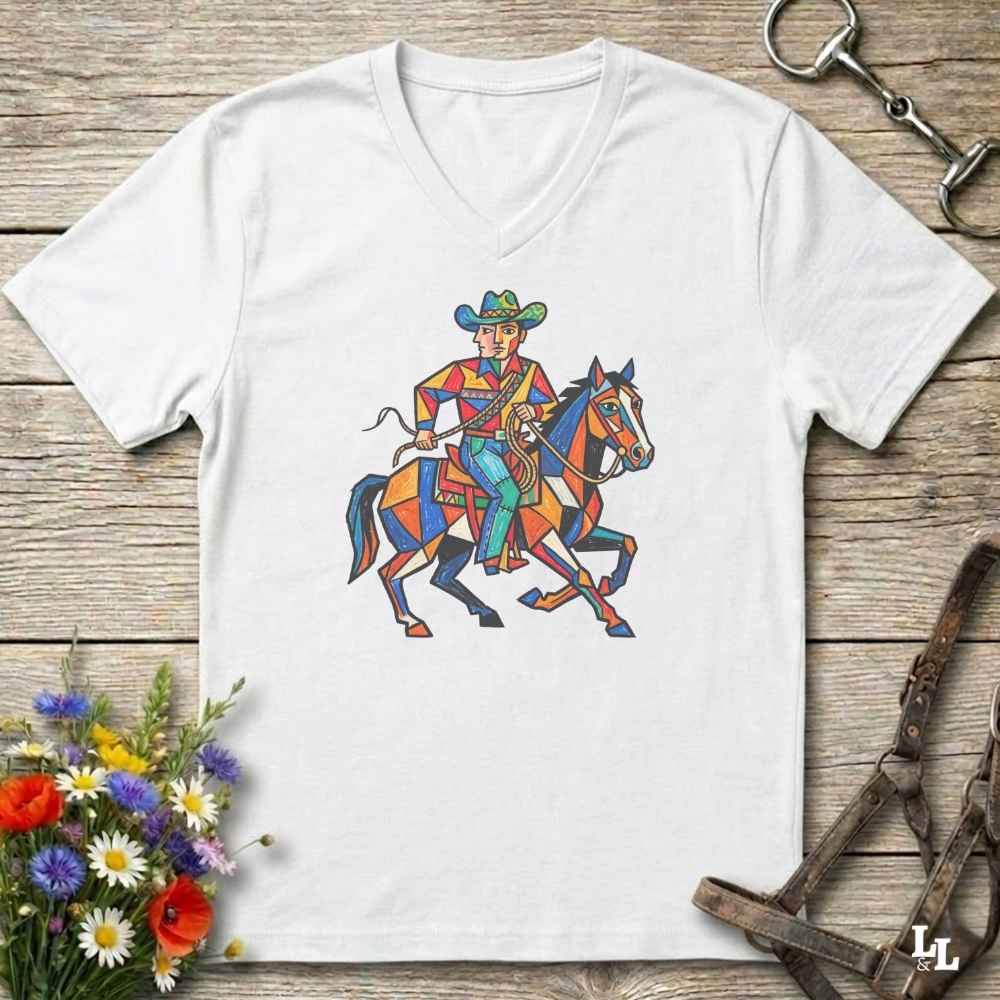 A white V-neck t-shirt laid flat on a rustic wooden surface, featuring a colorful geometric illustration of a cowboy riding a horse. The shirt is styled with equestrian props, including a horse bit in the top right and a leather bridle in the bottom right, with a small bouquet of wildflowers in the bottom left.