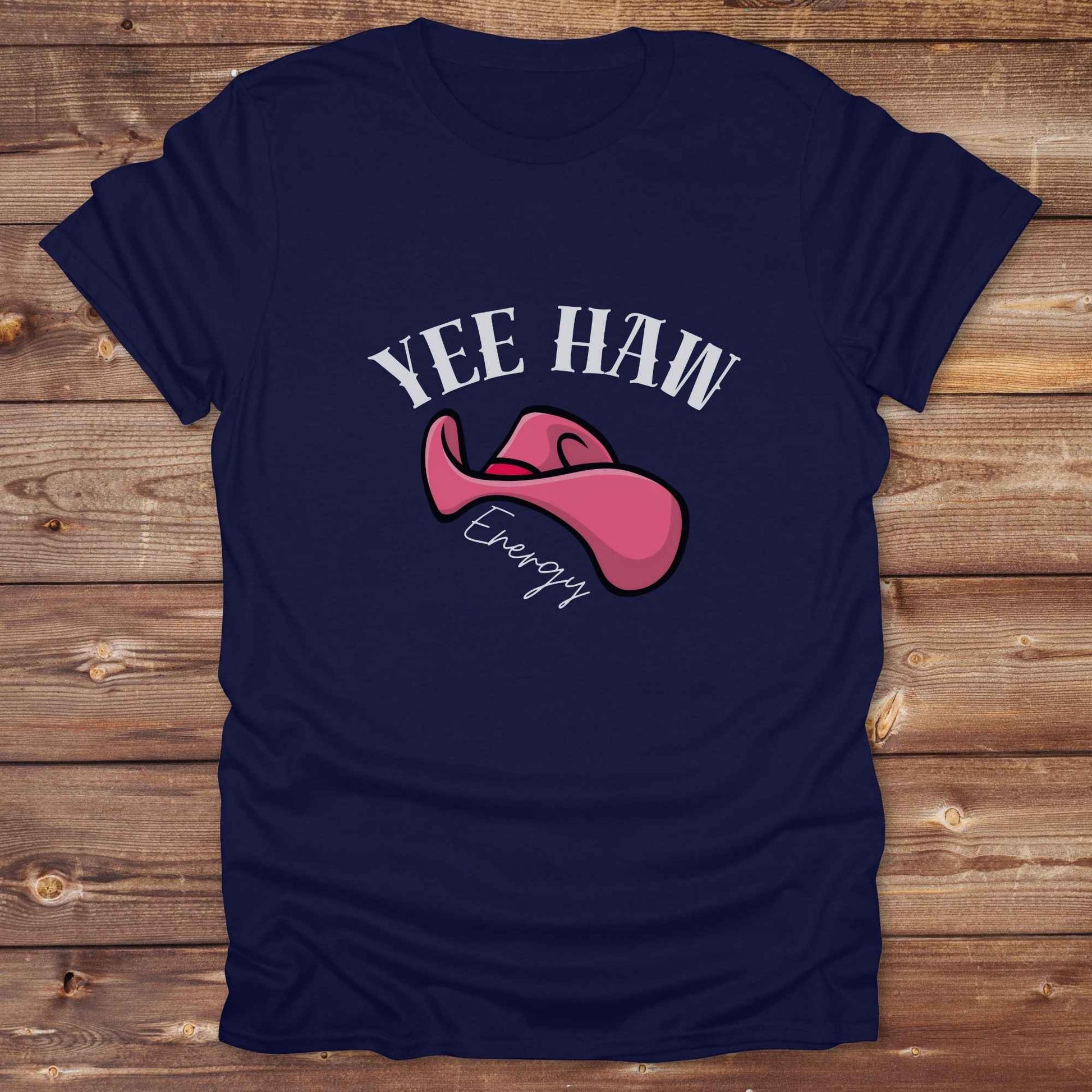 Fun western t-shirt for horse lovers and cowgirls. Western cowgirl graphic tee with horse design. Cowboy humor t-shirt for rodeo and country lovers. Horse lover funny t-shirt with western theme. Country style horse graphic tee for cowboys and cowgirls. Retro style funny western shirt for equestrians. Cute and funny country shirt with horse print. Southern cowgirl funny quote shirt for horse lovers. Yee Haw Energy with Pink Cowgirl Hat.